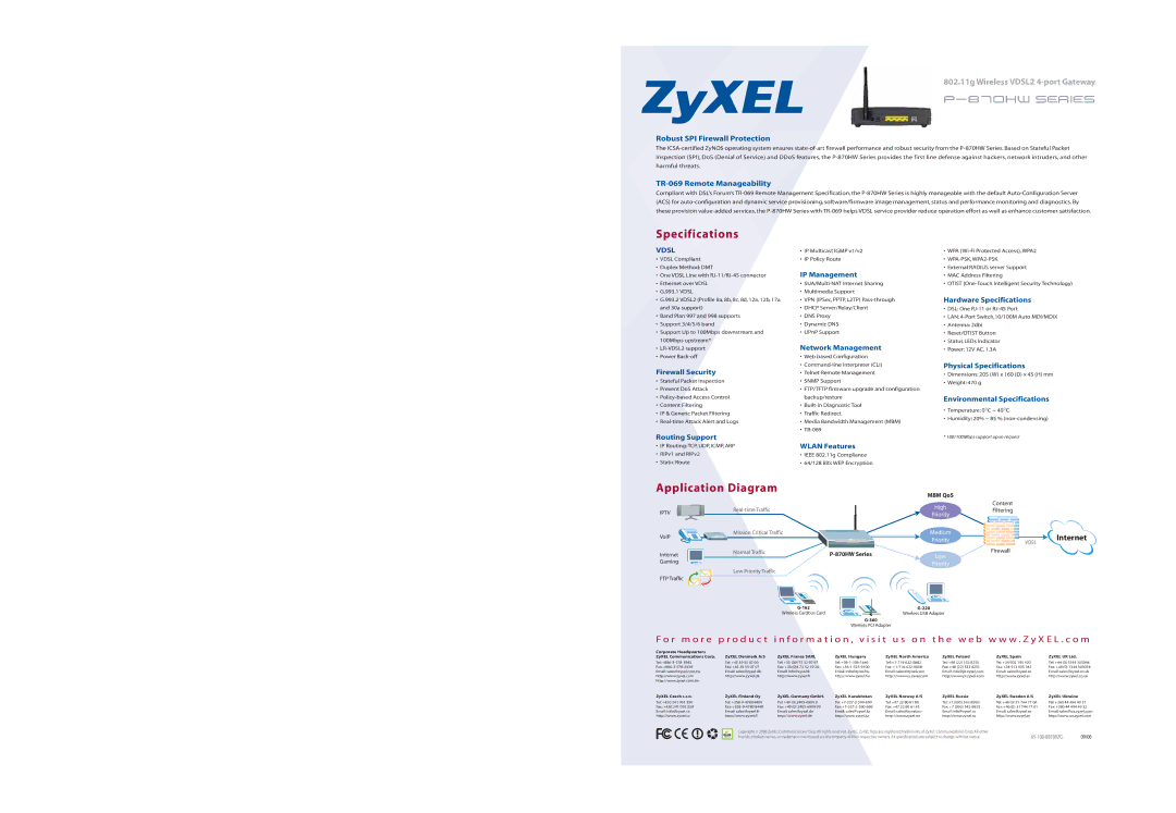 ZyXEL Communications P-870HW Series specifications Specifications, Application Diagram, Robust SPI Firewall Protection 