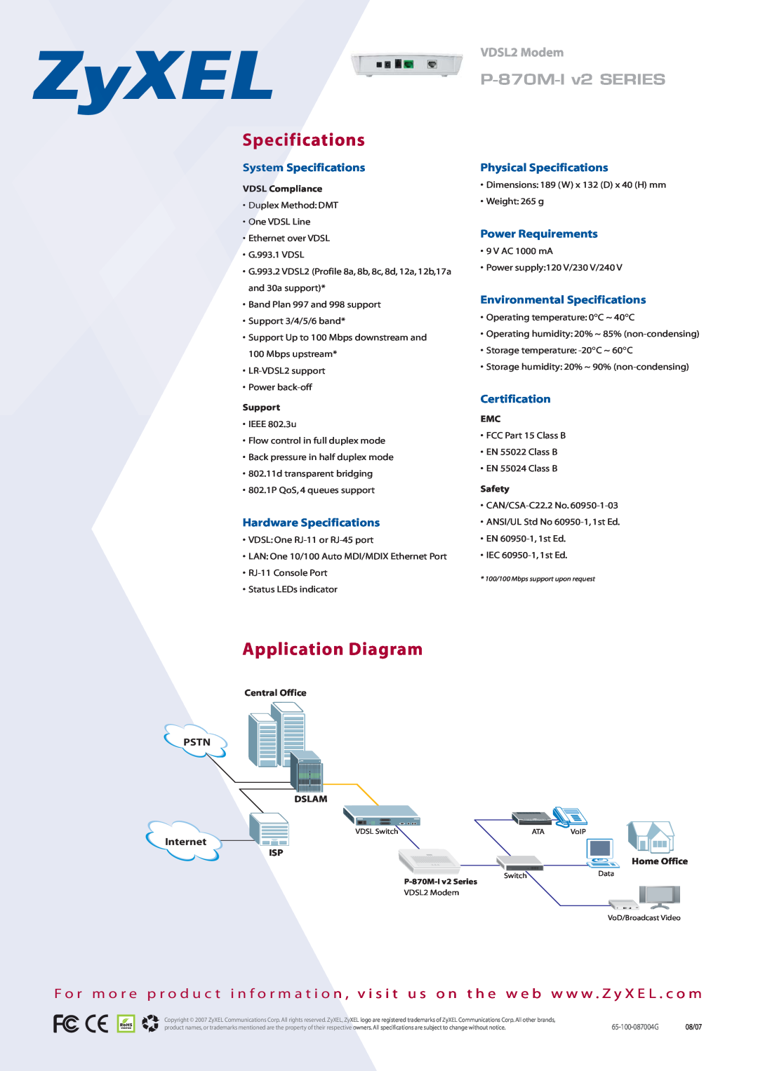 ZyXEL Communications P-870M-I Application Diagram, System Specifications, Hardware Specifications, Power Requirements 