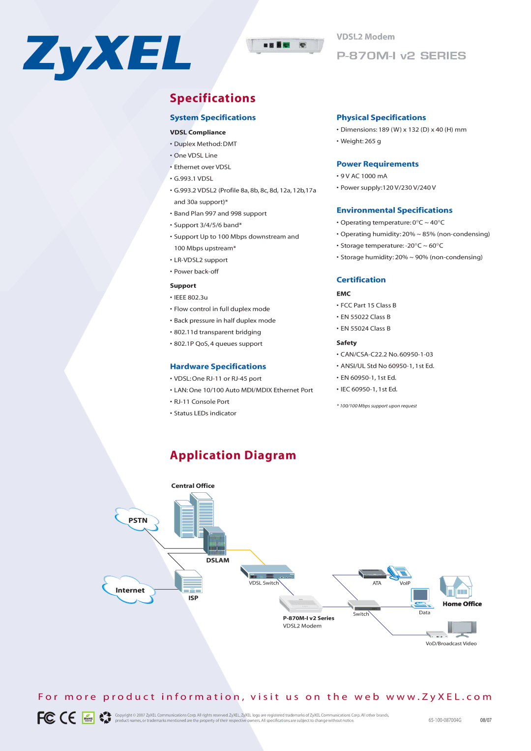 ZyXEL Communications P-870M-I manual Specifications, Application Diagram 