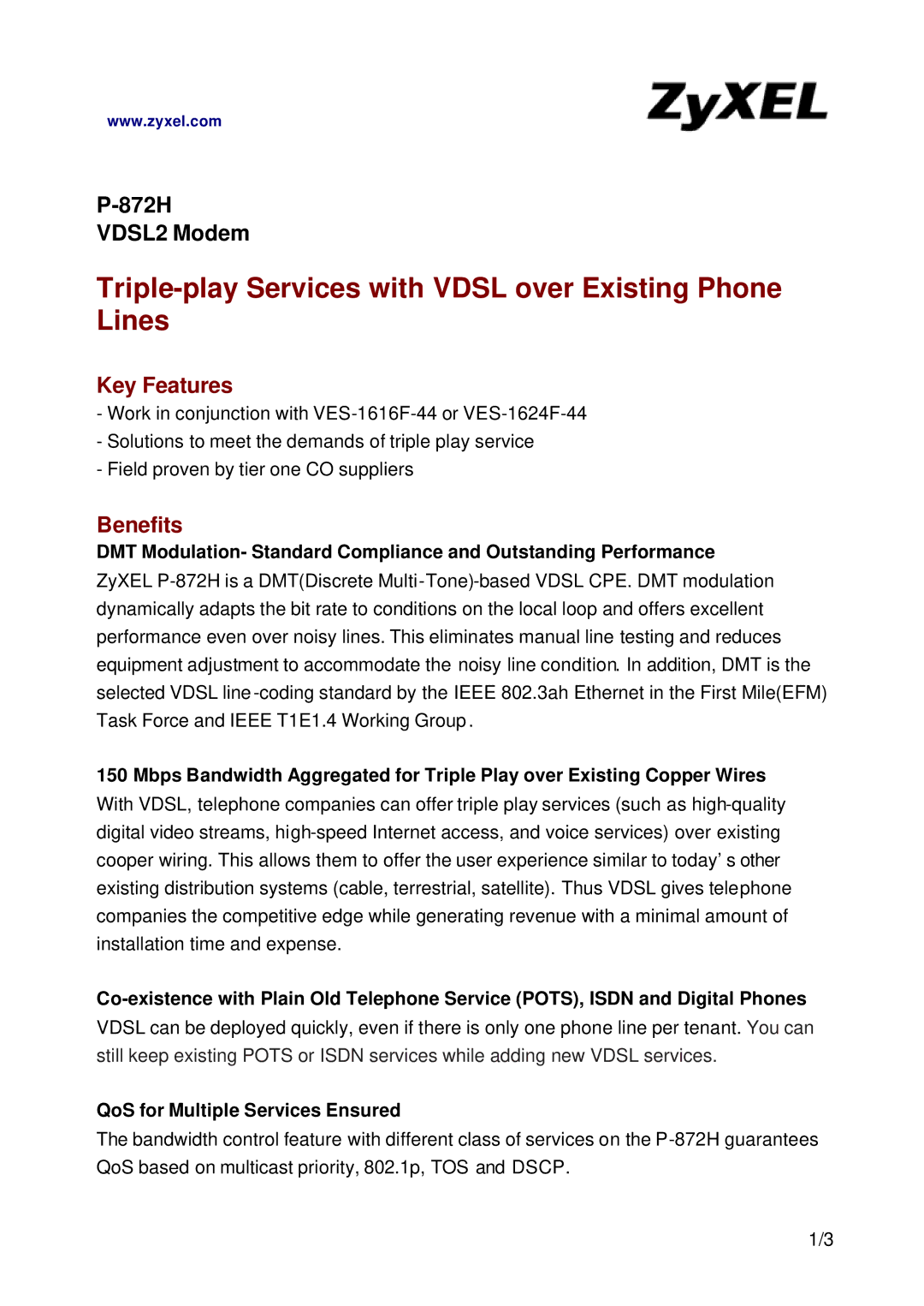 ZyXEL Communications P-872H manual Triple-play Services with Vdsl over Existing Phone Lines, Key Features, Benefits 