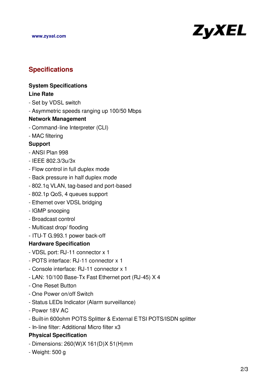 ZyXEL Communications P-872H manual Specifications 