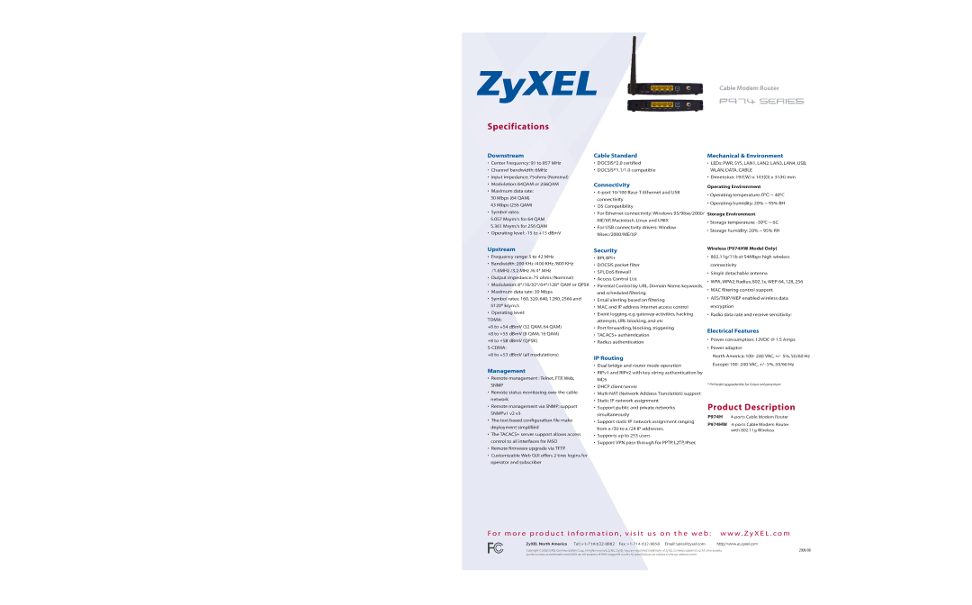 ZyXEL Communications P-974 series specifications Specifications, Product Description 