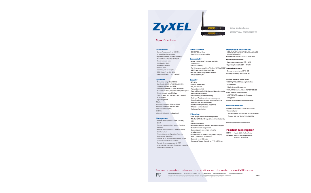 ZyXEL Communications P-974 series Specifications, Product Description, Downstream, Cable Standard, Upstream, Management 