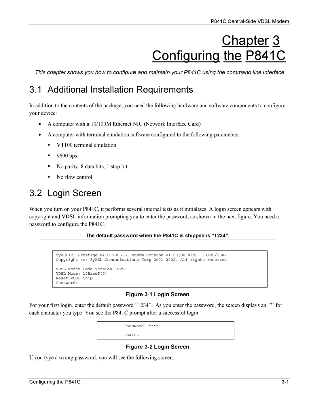 ZyXEL Communications manual Chapter Configuring the P841C, Additional Installation Requirements, Login Screen 