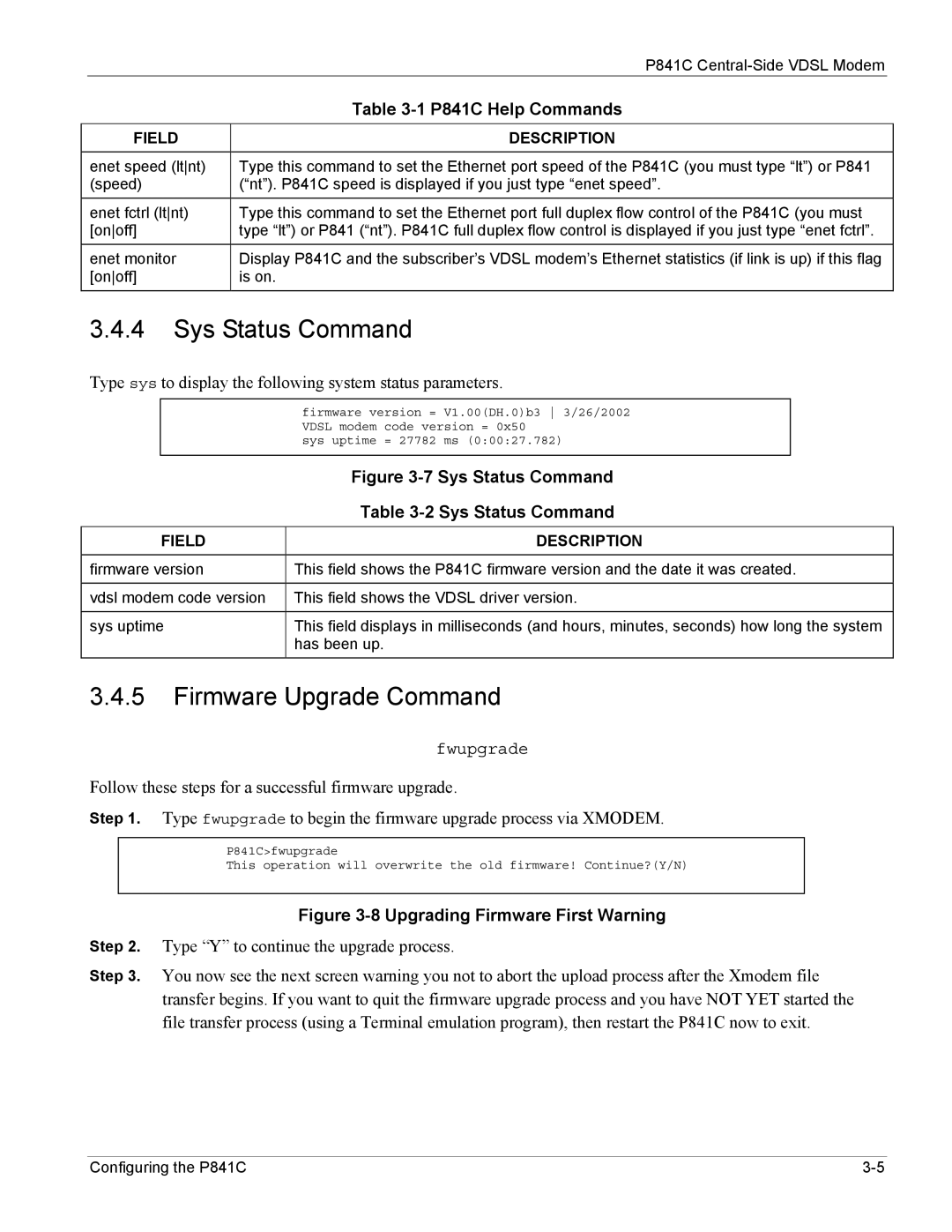 ZyXEL Communications P841C manual Sys Status Command, Firmware Upgrade Command 