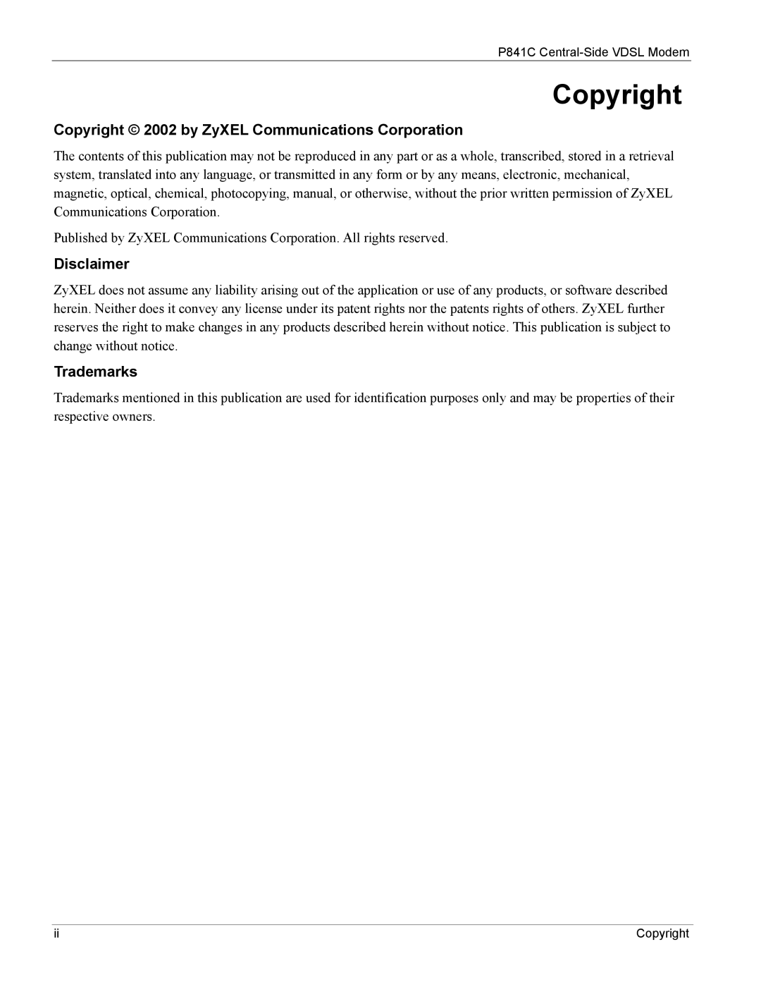 ZyXEL Communications P841C manual Copyright 2002 by ZyXEL Communications Corporation 