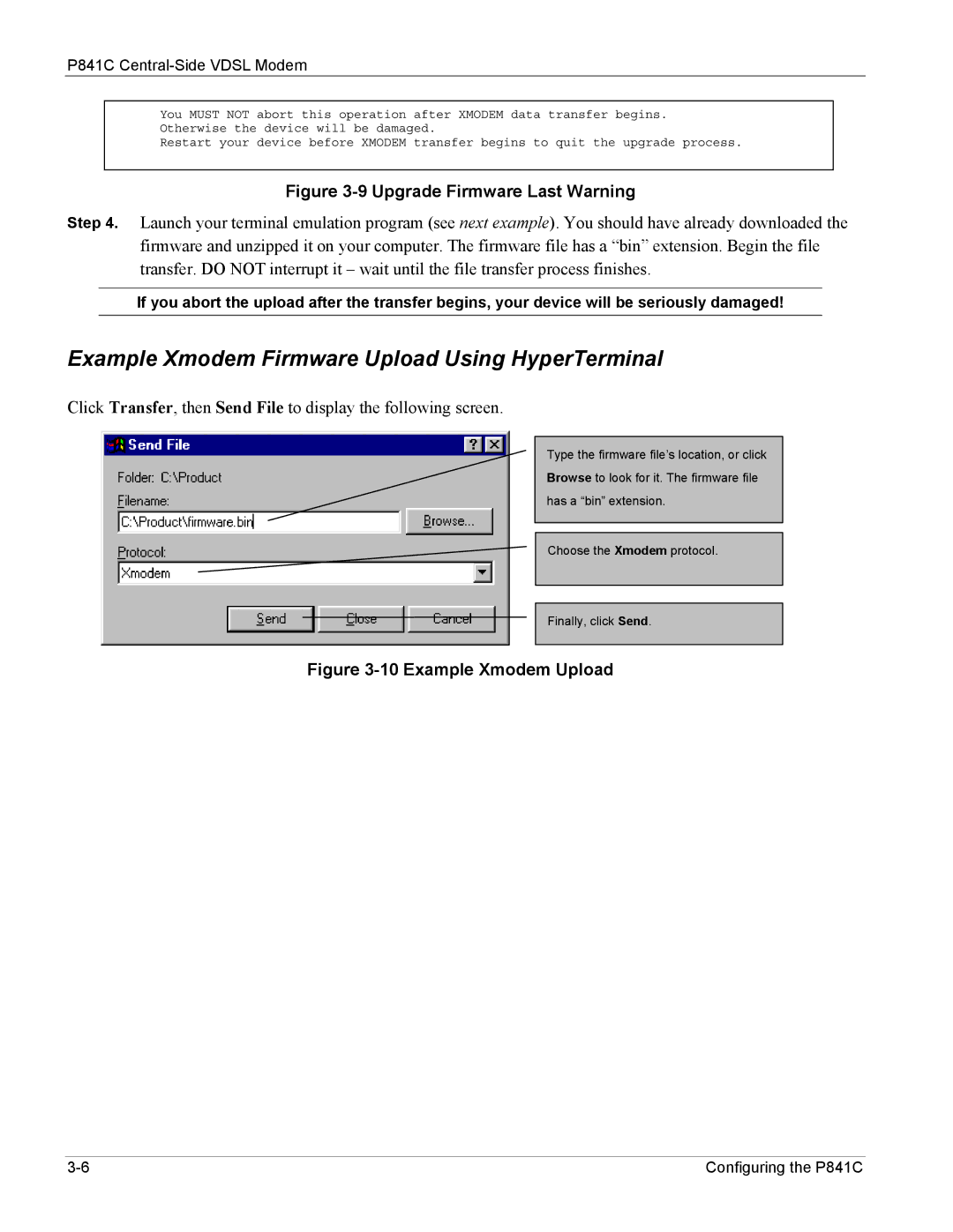 ZyXEL Communications P841C manual Example Xmodem Firmware Upload Using HyperTerminal 