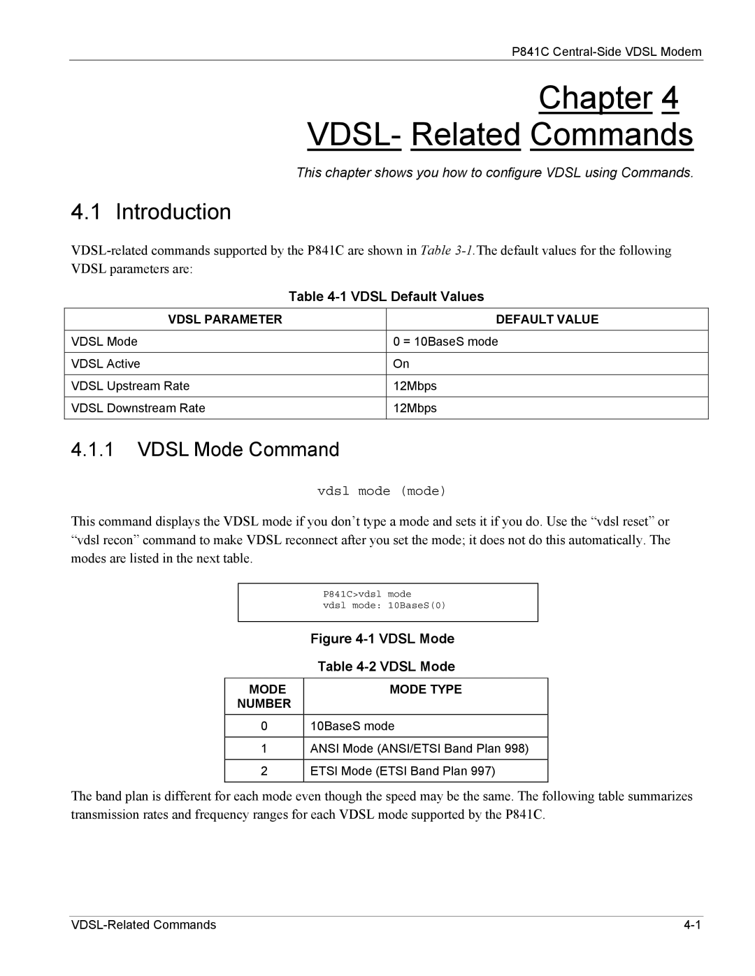 ZyXEL Communications P841C manual Chapter VDSL- Related Commands, Introduction, Vdsl Mode Command, Vdsl Default Values 