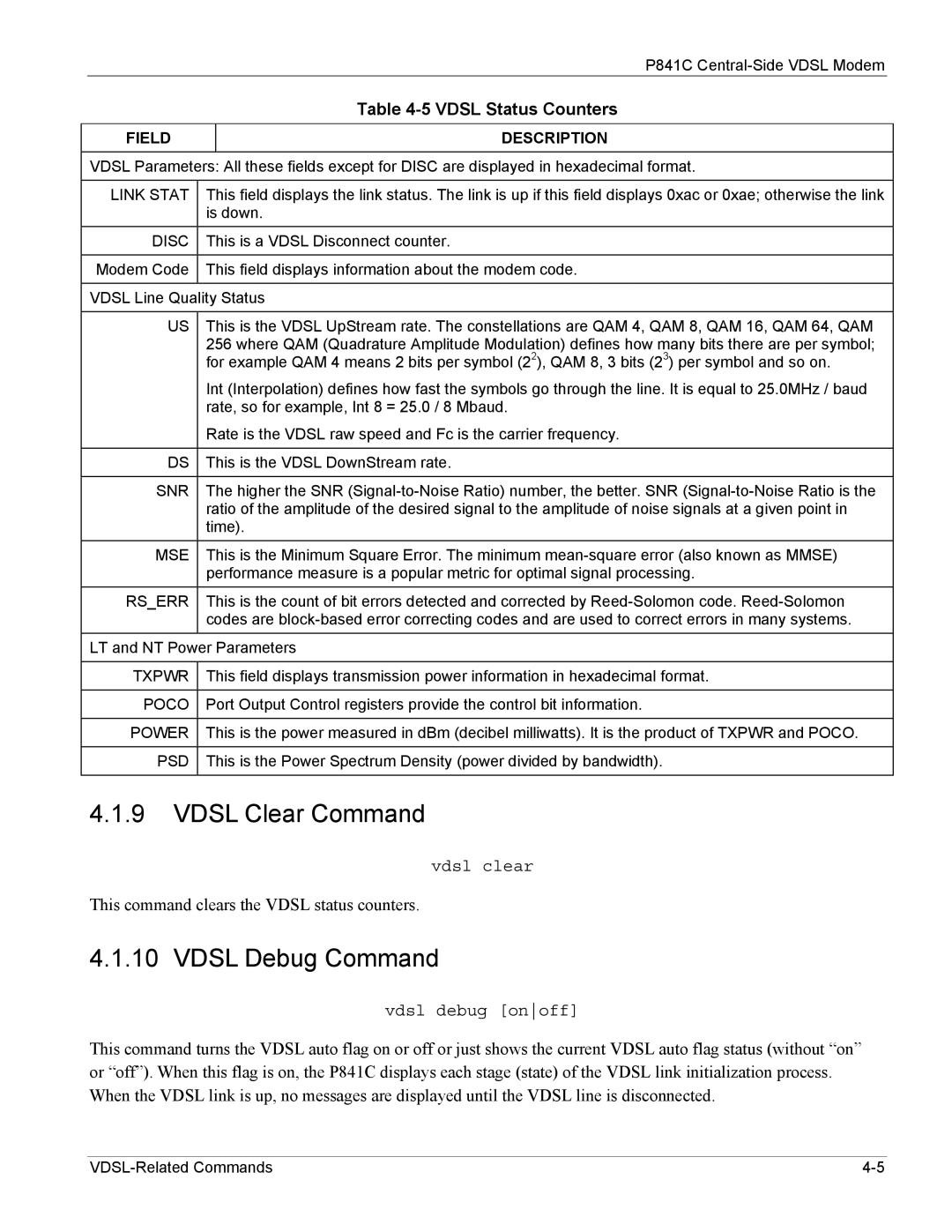 ZyXEL Communications P841C manual Vdsl Clear Command, Vdsl Debug Command, Vdsl Status Counters, Field 