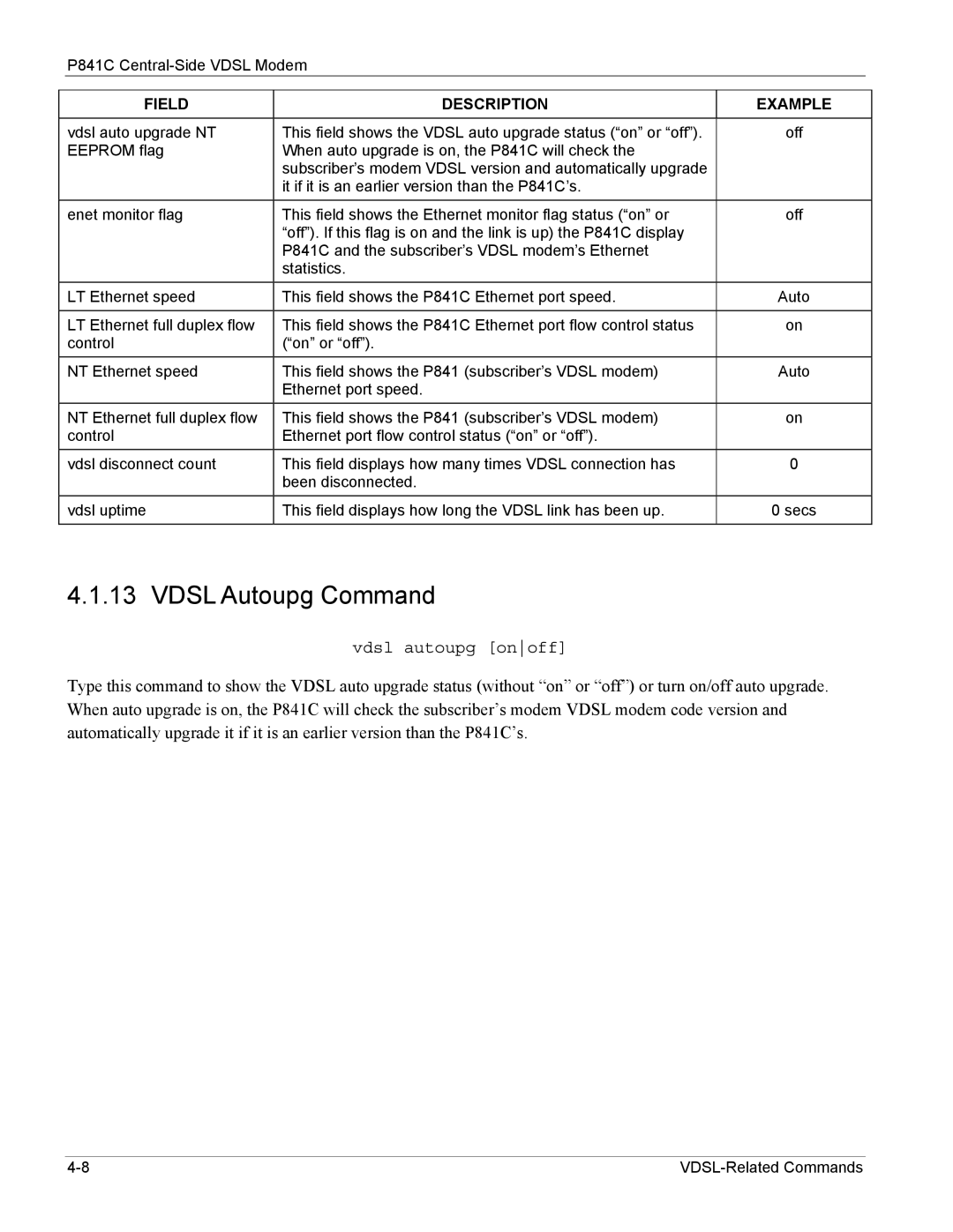 ZyXEL Communications P841C manual Vdsl Autoupg Command 