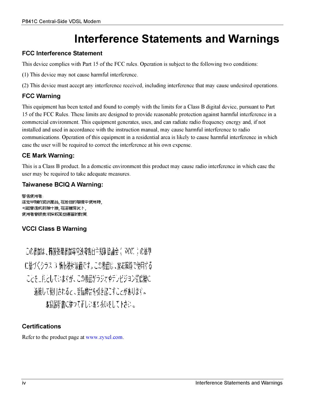 ZyXEL Communications P841C manual Interference Statements and Warnings, FCC Interference Statement 