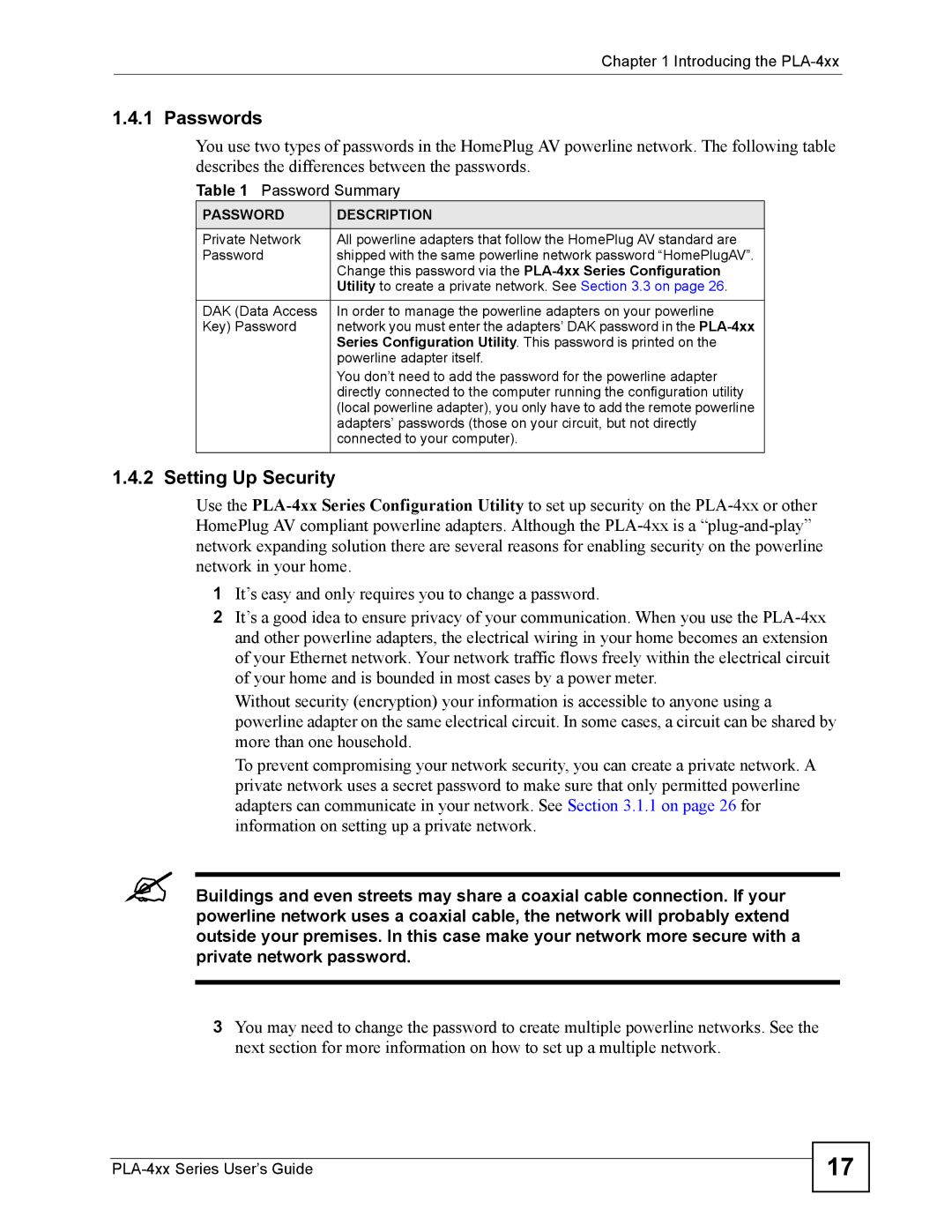 ZyXEL Communications PLA-400 manual Passwords, Setting Up Security 