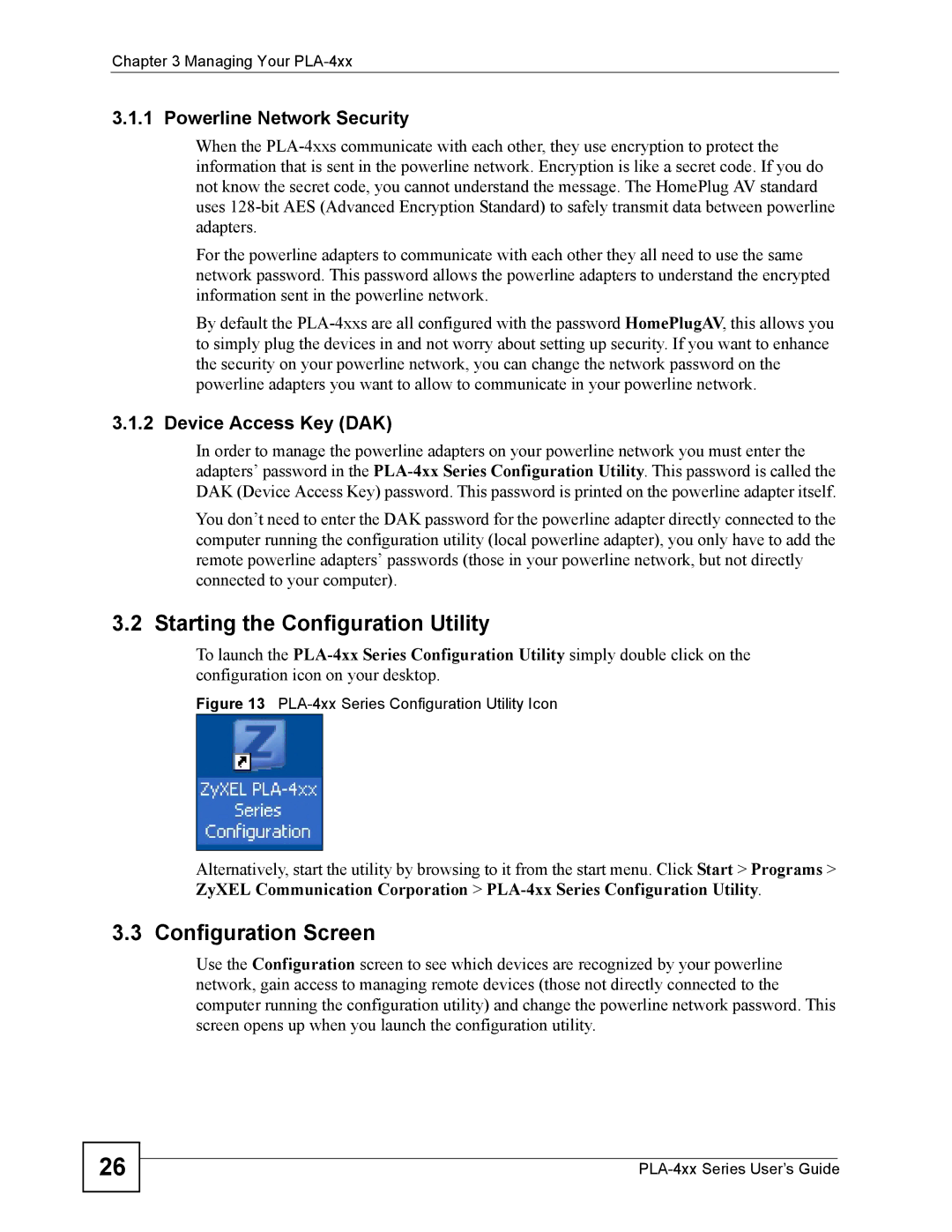 ZyXEL Communications PLA-400 manual Starting the Configuration Utility, Configuration Screen, Powerline Network Security 