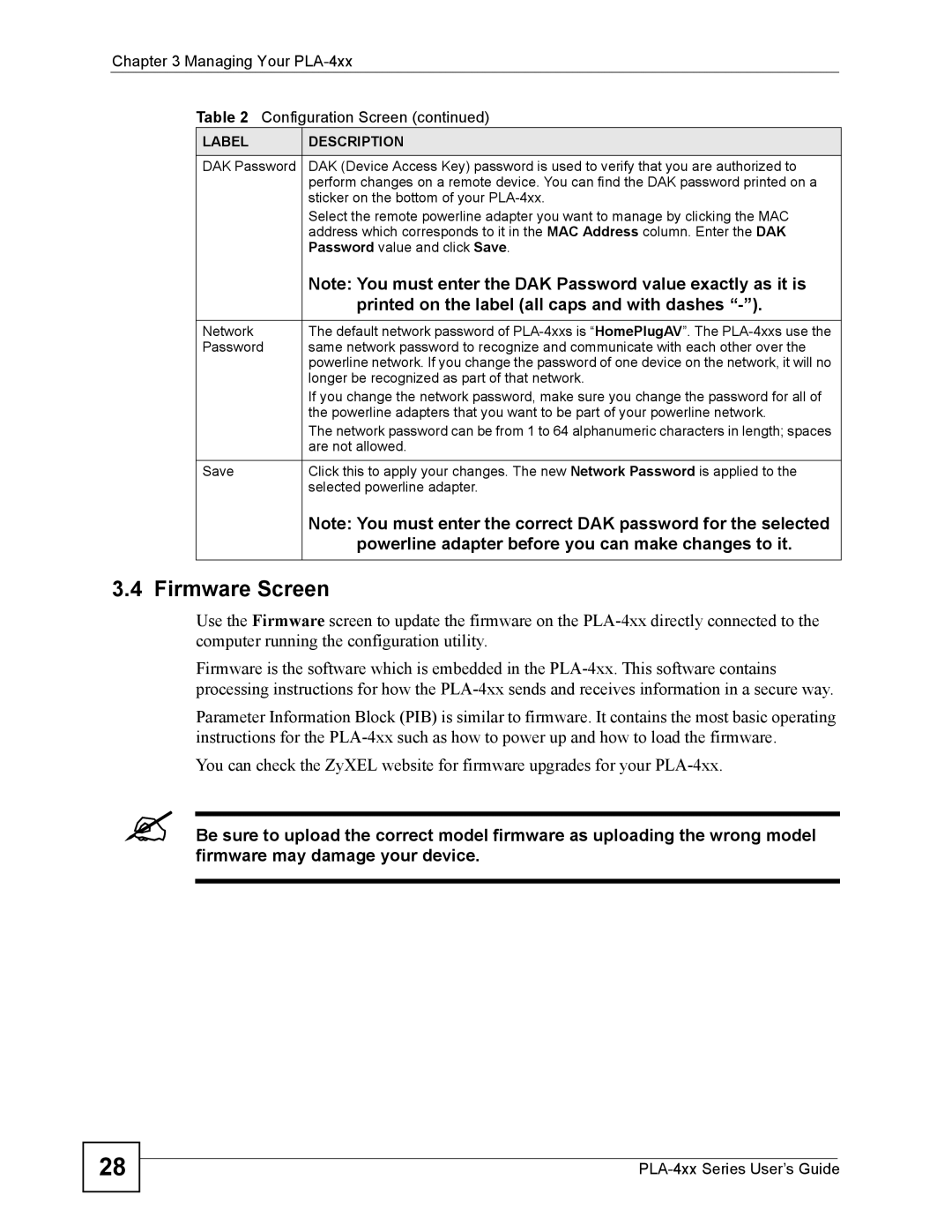 ZyXEL Communications PLA-400 manual Firmware Screen, Printed on the label all caps and with dashes 