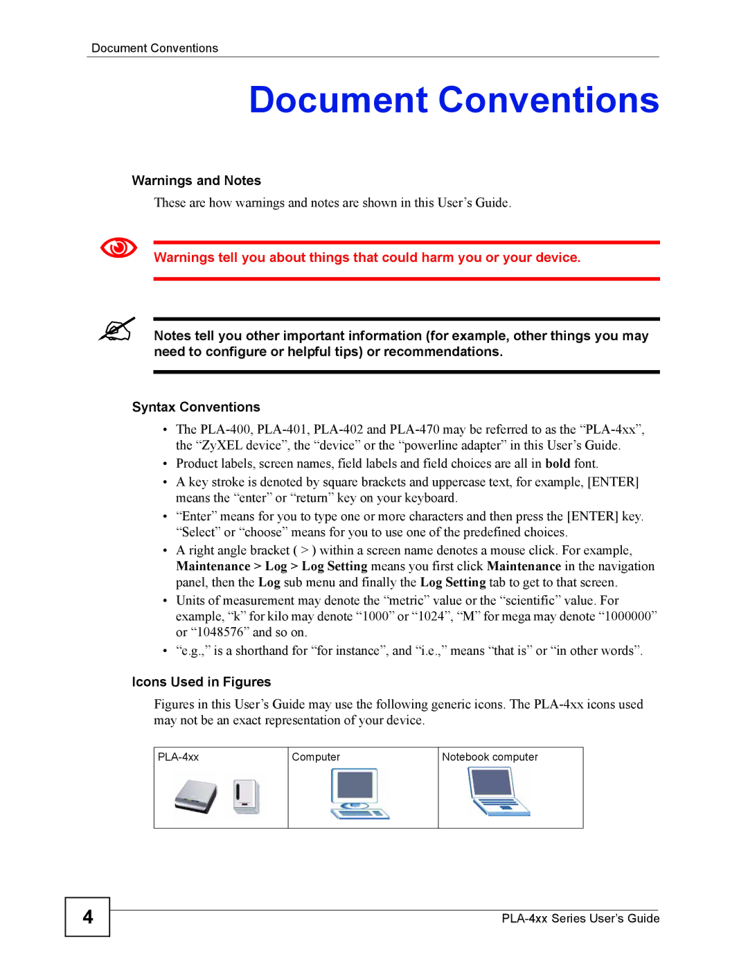 ZyXEL Communications PLA-400 manual Document Conventions, Syntax Conventions, Icons Used in Figures 