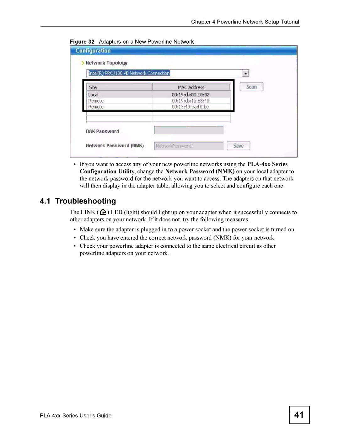 ZyXEL Communications PLA-400 manual Troubleshooting, Adapters on a New Powerline Network 