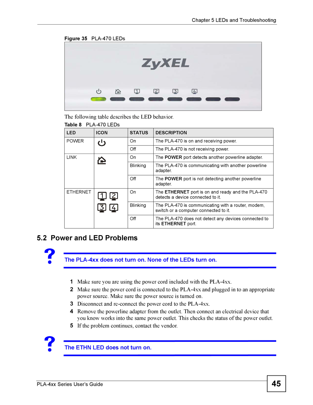 ZyXEL Communications PLA-400 manual Power and LED Problems, PLA-4xx does not turn on. None of the LEDs turn on 