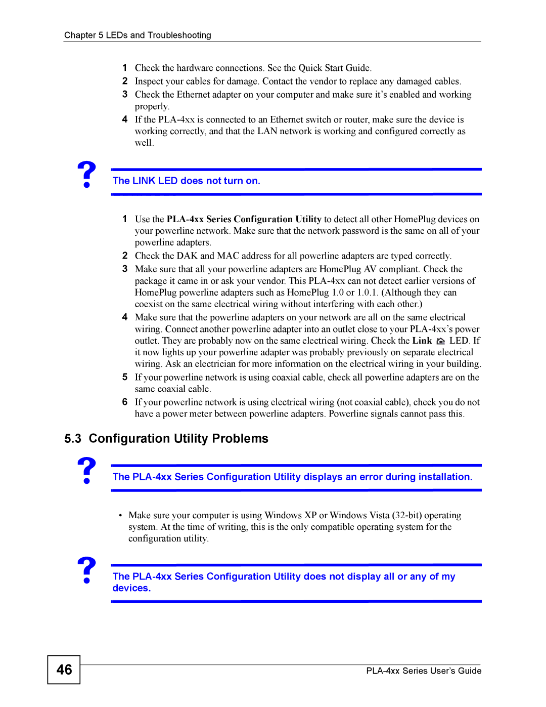 ZyXEL Communications PLA-400 manual Configuration Utility Problems, Link LED does not turn on 