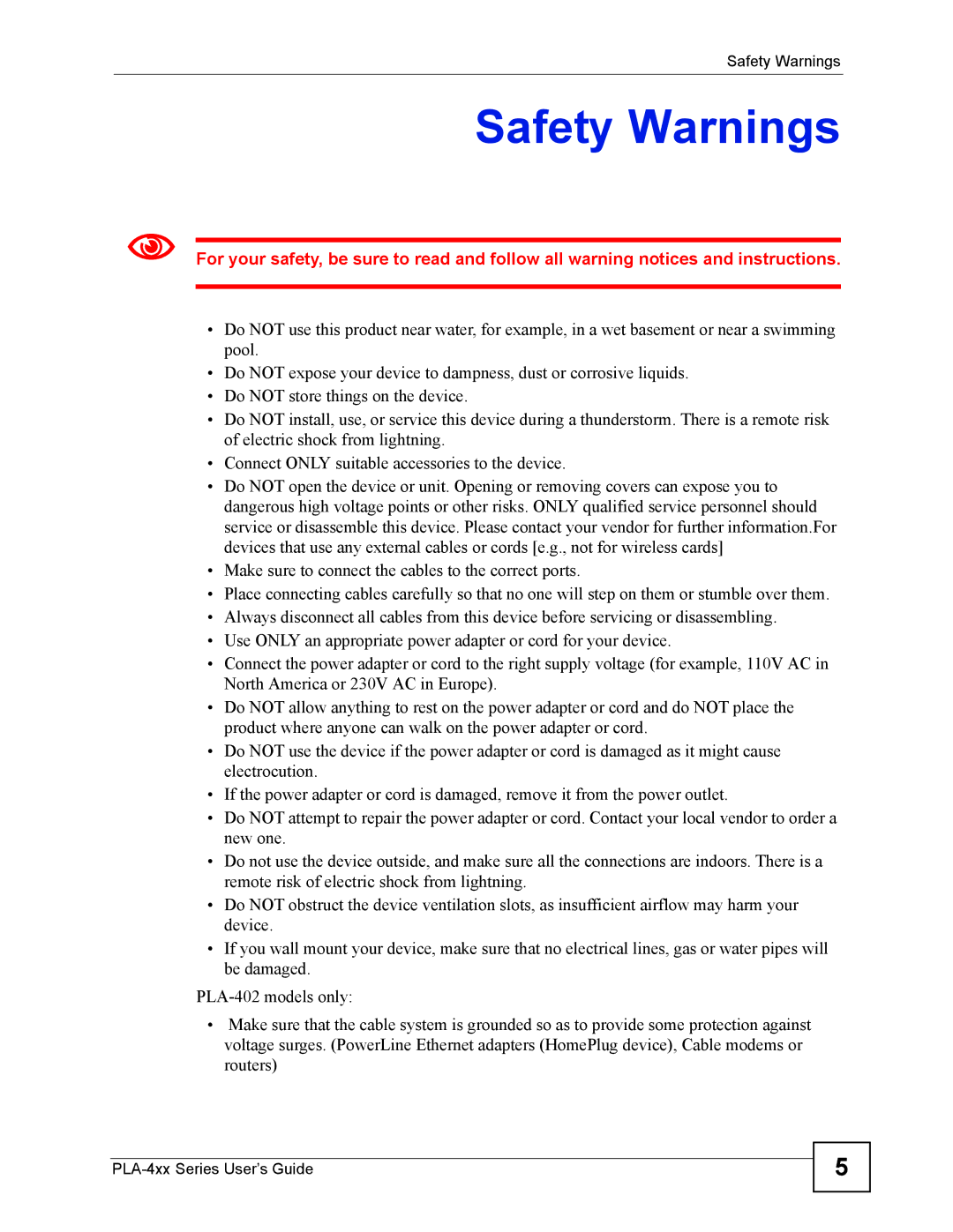 ZyXEL Communications PLA-400 manual Safety Warnings 