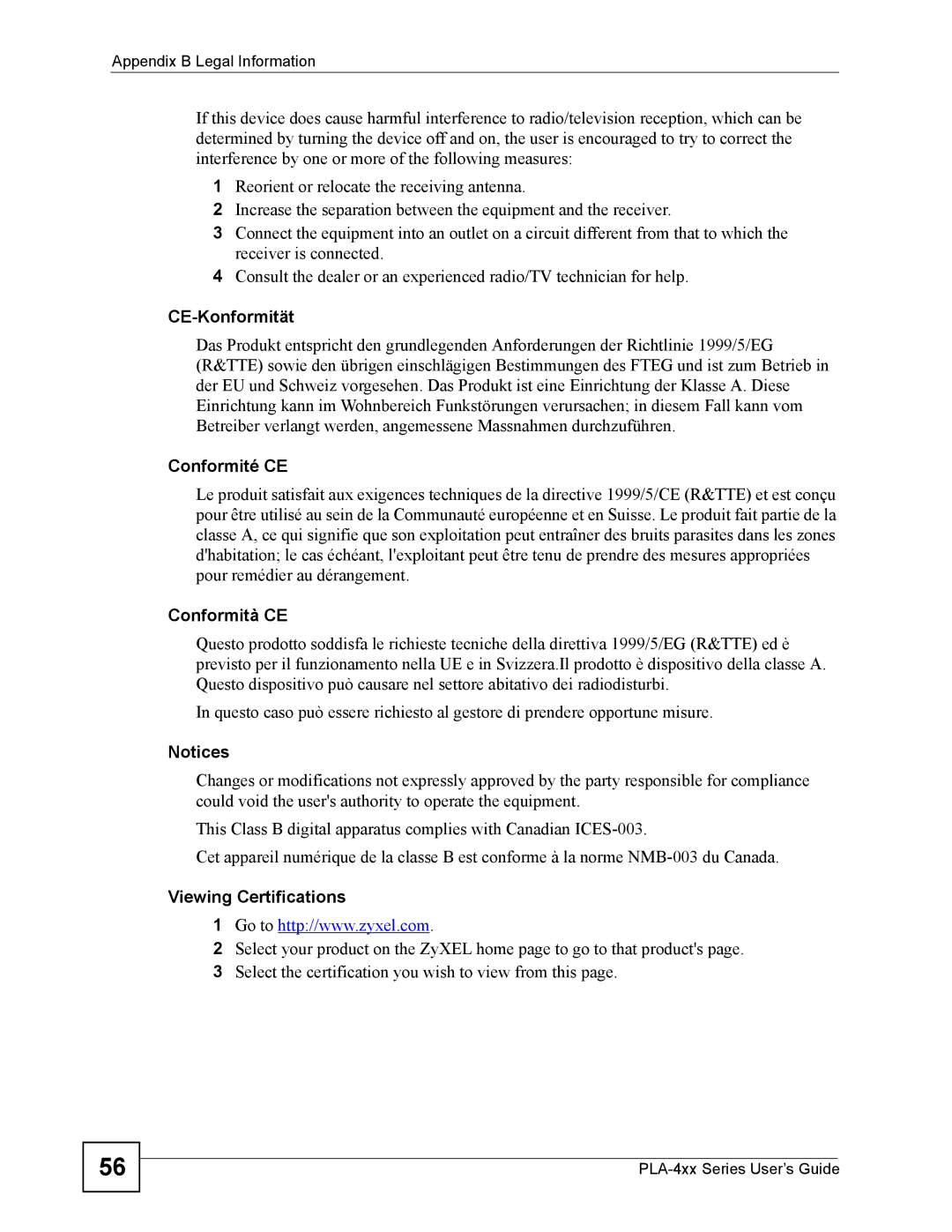 ZyXEL Communications PLA-400 manual CE-Konformität, Conformité CE, Conformità CE, Viewing Certifications 