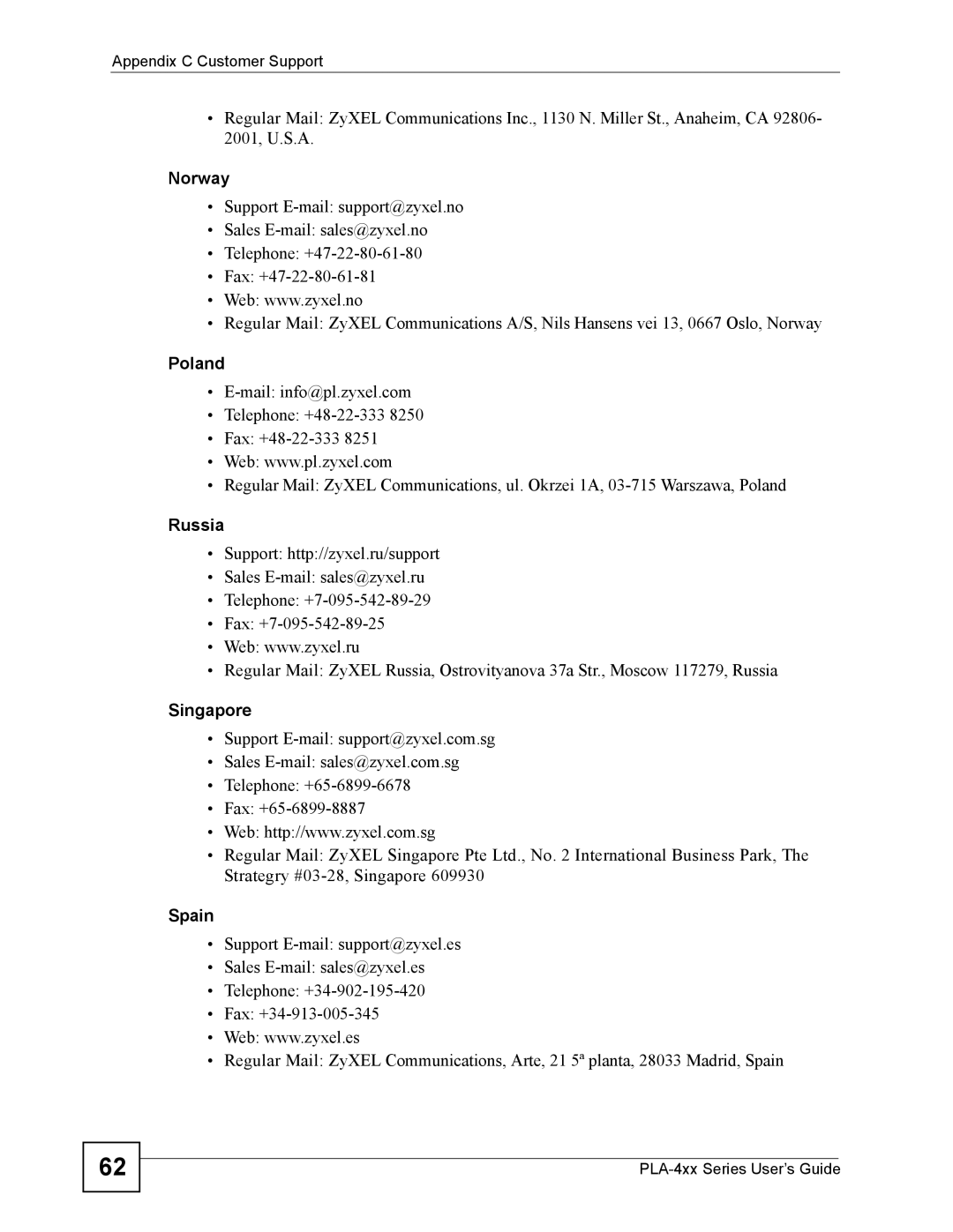 ZyXEL Communications PLA-400 manual Norway, Poland, Russia, Singapore, Spain 