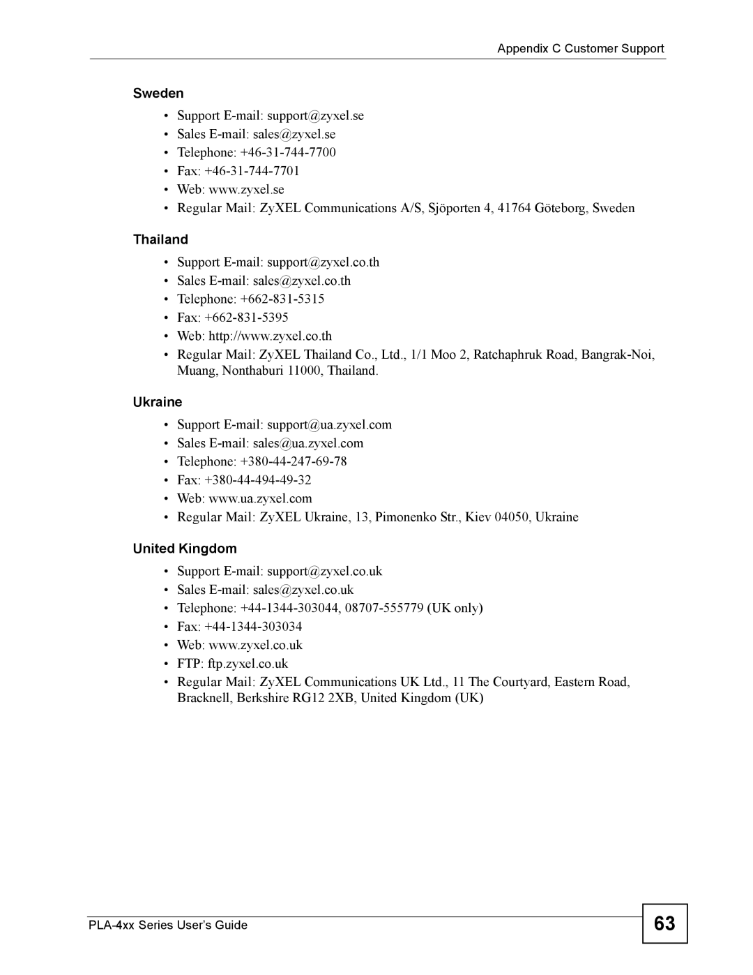 ZyXEL Communications PLA-400 manual Sweden, Thailand, Ukraine, United Kingdom 