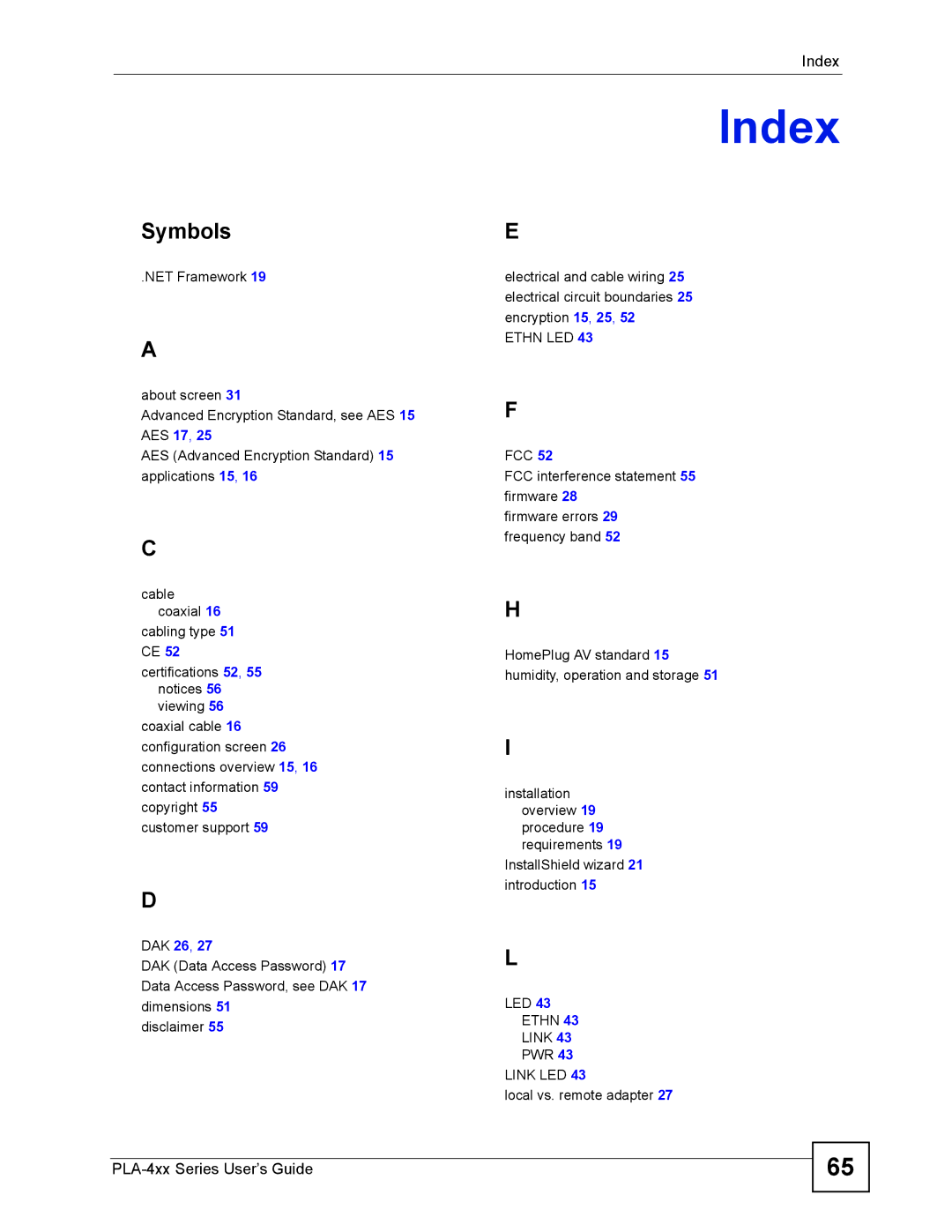 ZyXEL Communications PLA-400 manual Index, Symbols 