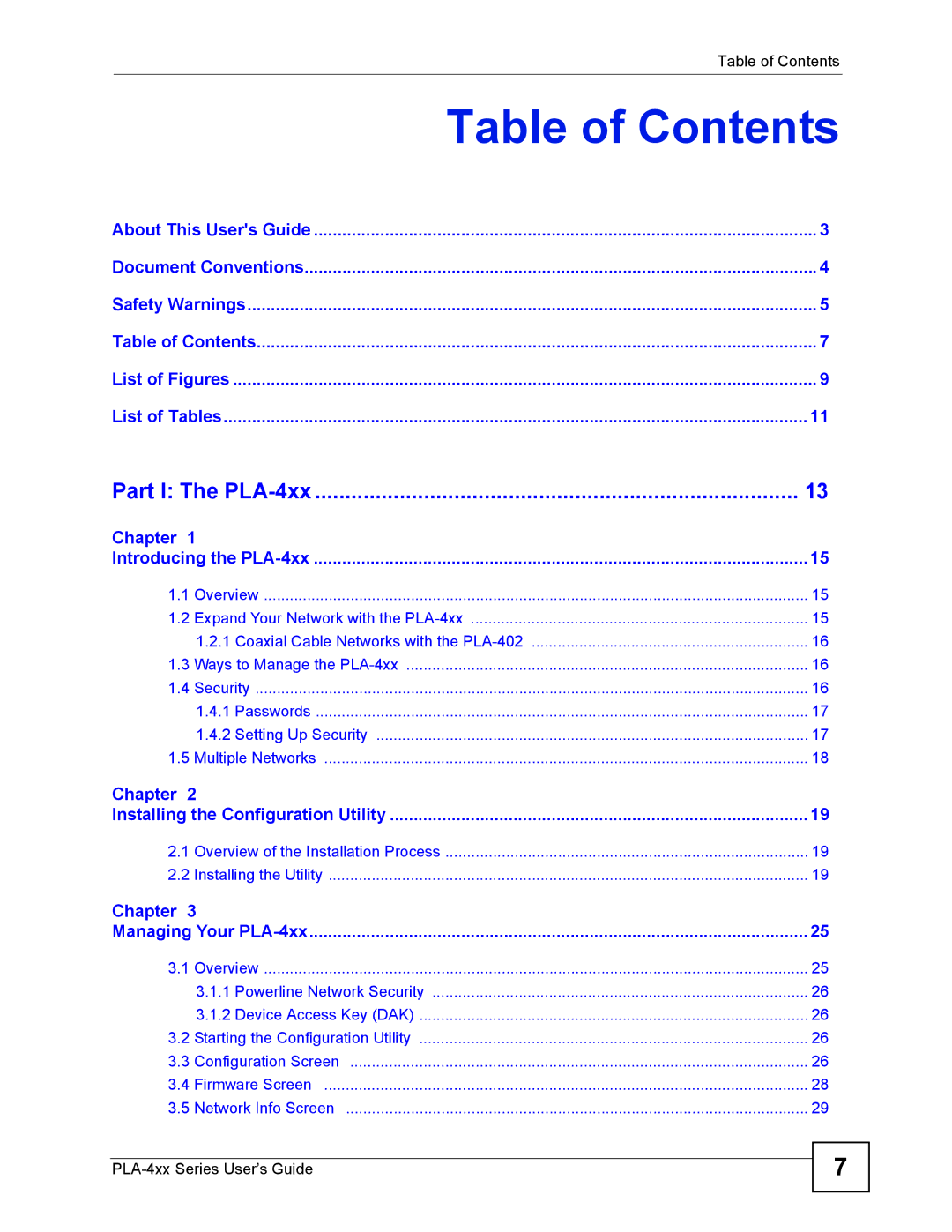 ZyXEL Communications PLA-400 manual Table of Contents 