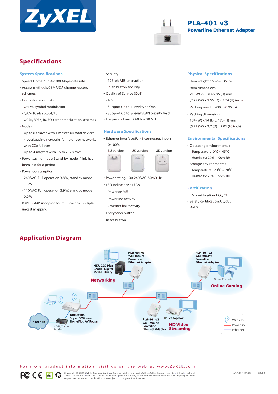 ZyXEL Communications PLA-401 v3 manual Specifications, Application Diagram 