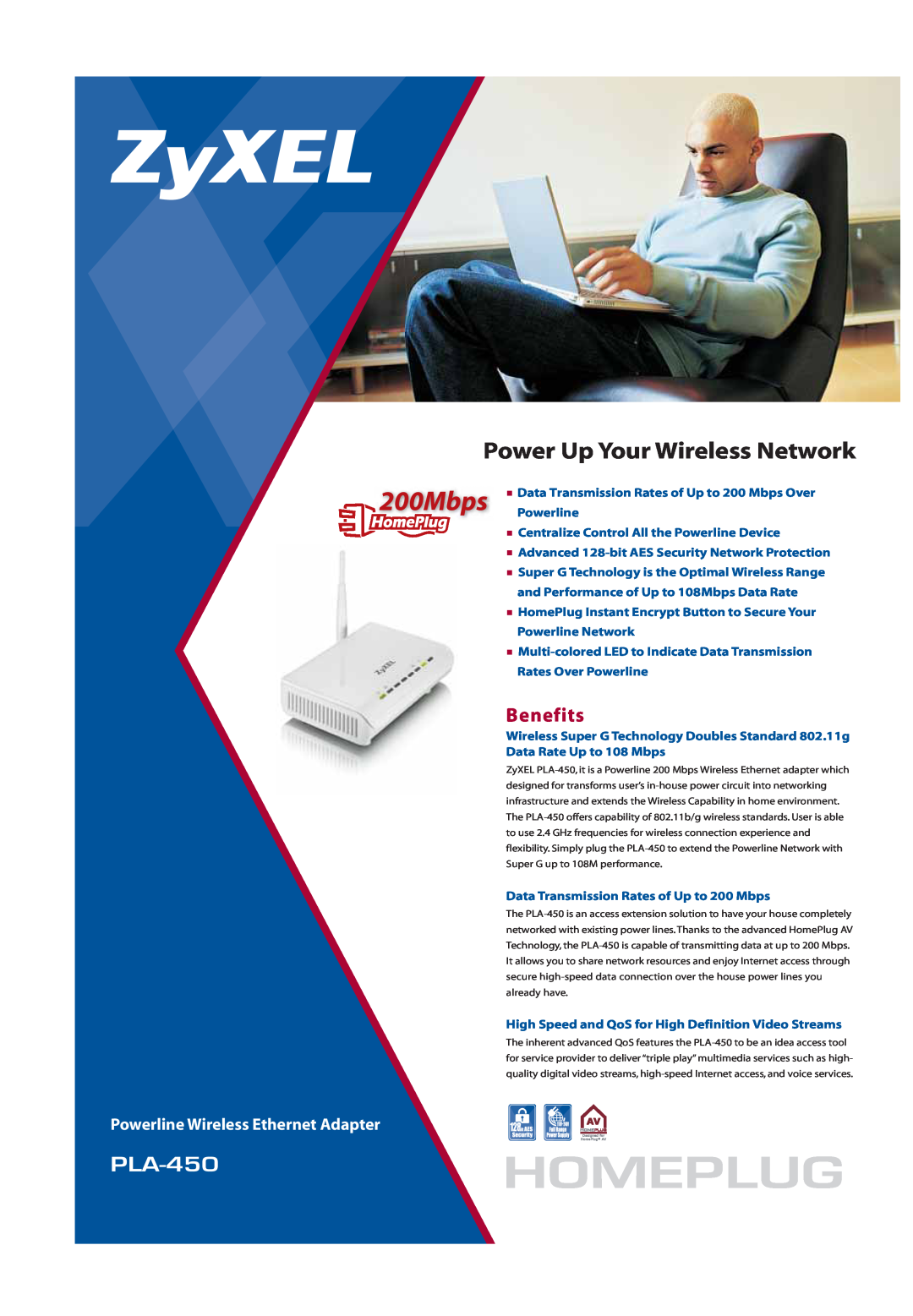 ZyXEL Communications PLA-450 manual Benefits, Homeplug, Power Up Your Wireless Network 