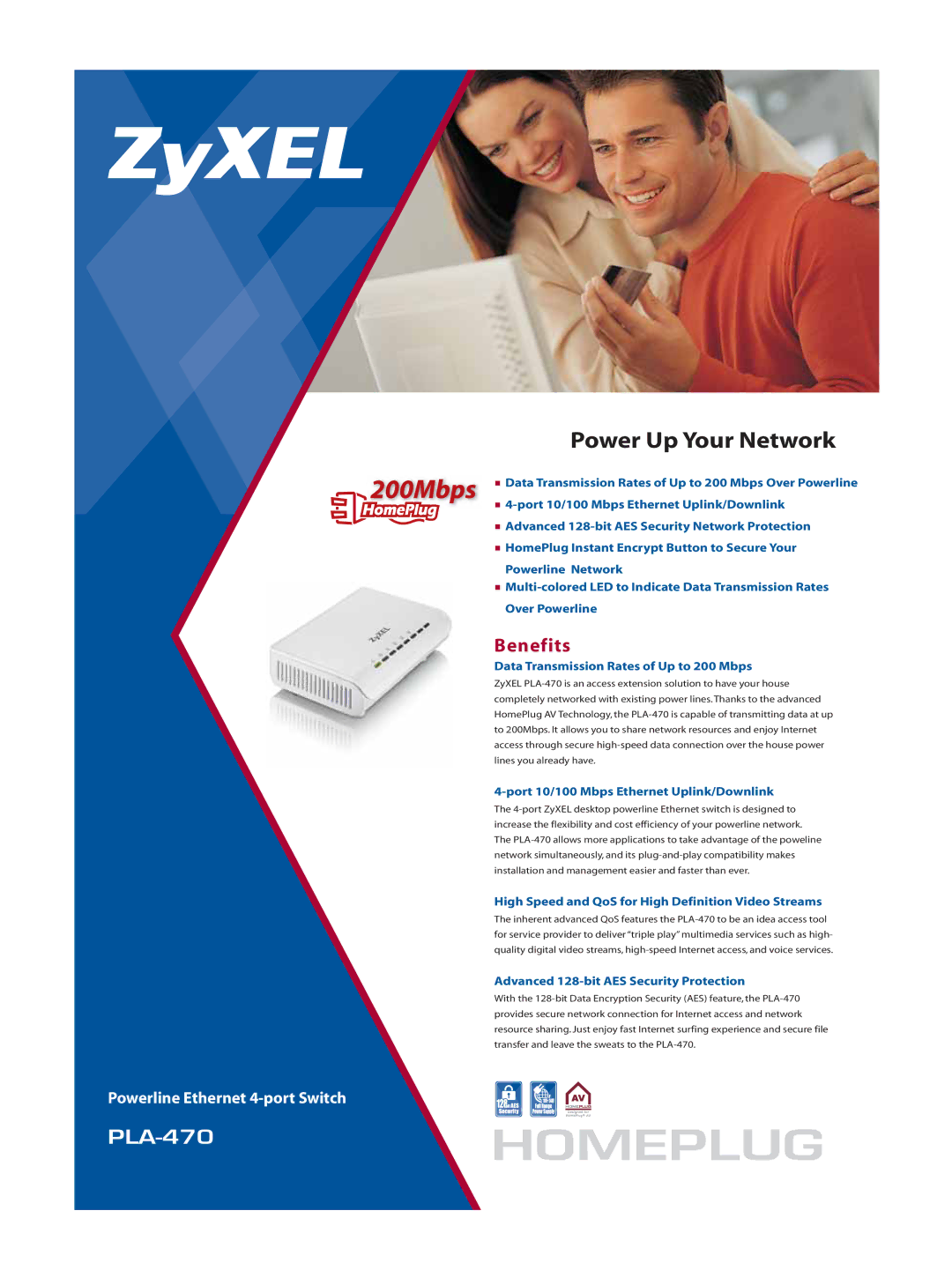 ZyXEL Communications PLA-470 manual Benefits, Data Transmission Rates of Up to 200 Mbps 