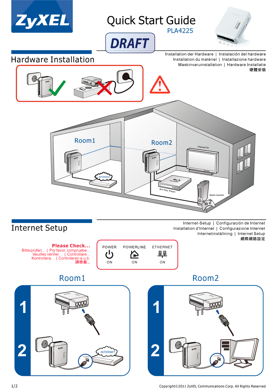 ZyXEL Communications PLA4225 quick start Quick Start Guide, Hardware Installation, Internet Setup, Room1 Room2 