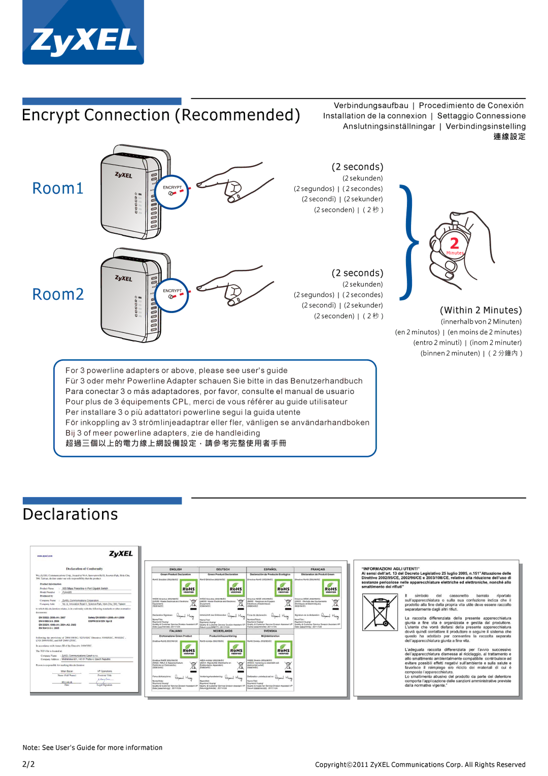 ZyXEL Communications PLA4225 quick start Room1, Declarations, Within 2 Minutes 