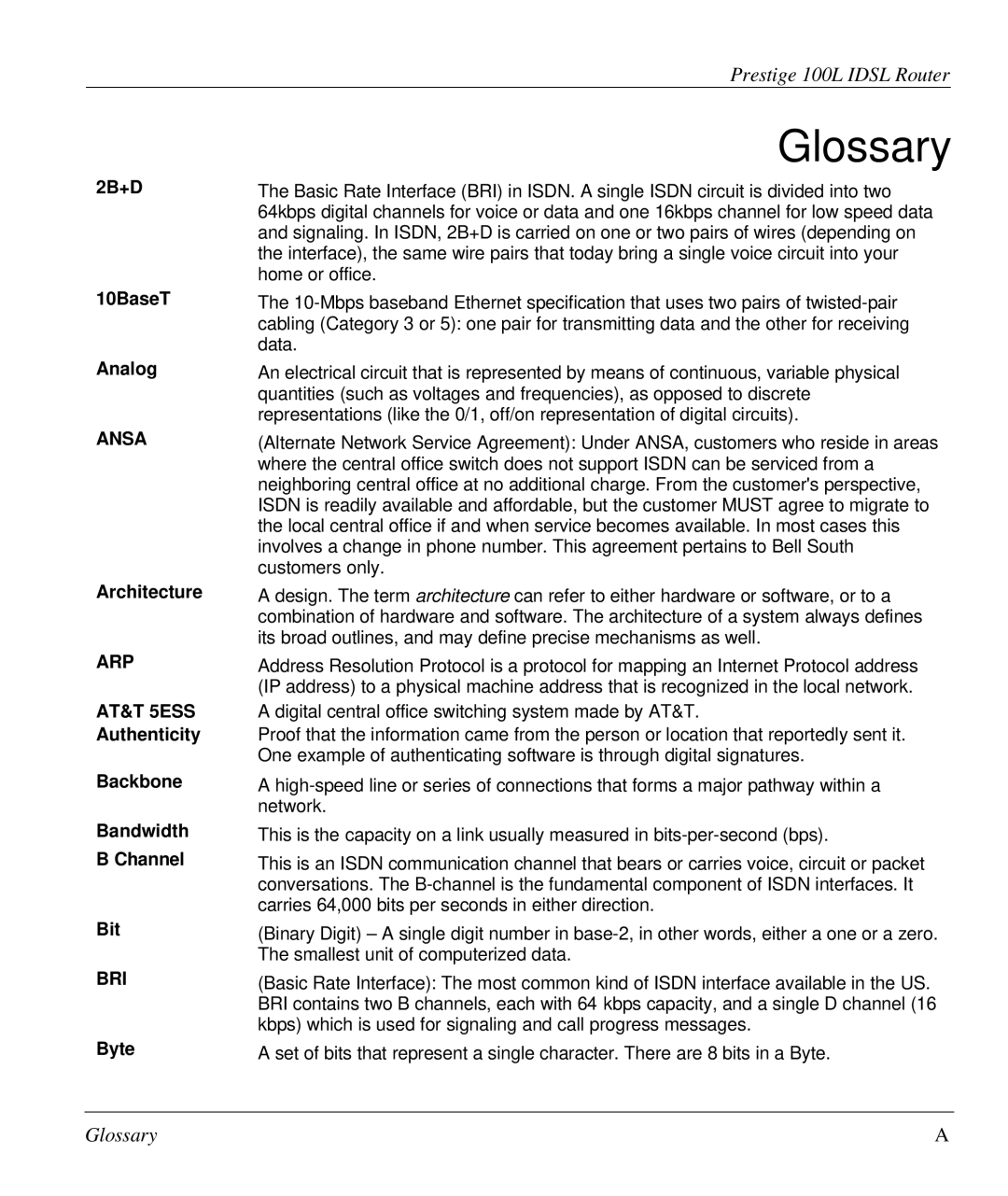 ZyXEL Communications Prestige 100L manual Glossary, Ansa, Arp, Bri 