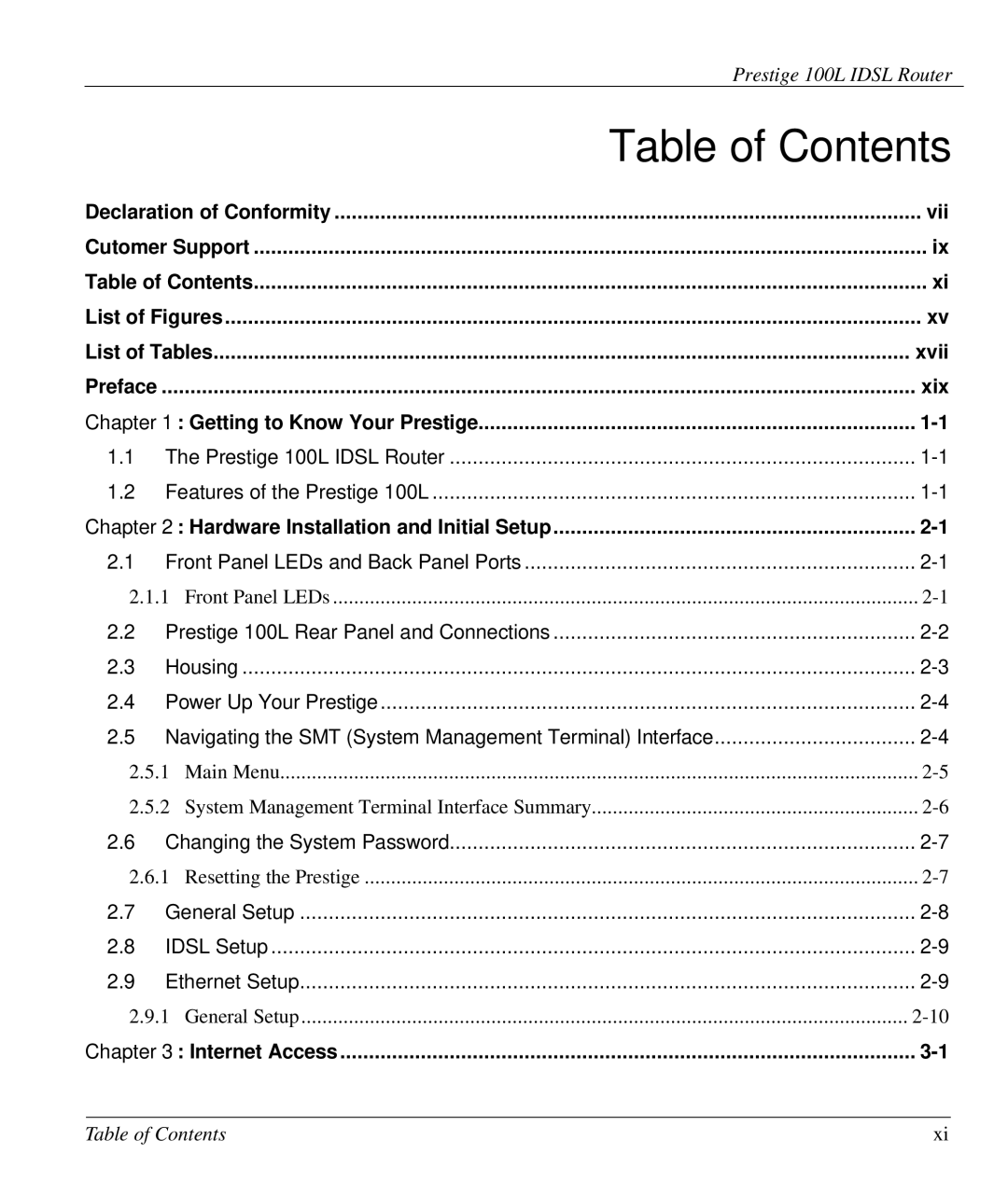 ZyXEL Communications Prestige 100L manual Table of Contents 