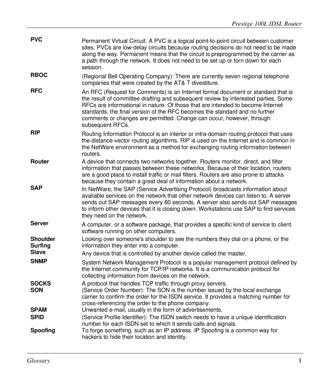 ZyXEL Communications Prestige 100L manual PVC Rboc, Rfc, Rip, Sap, Snmp, Socks, Son, Spam, Spid 