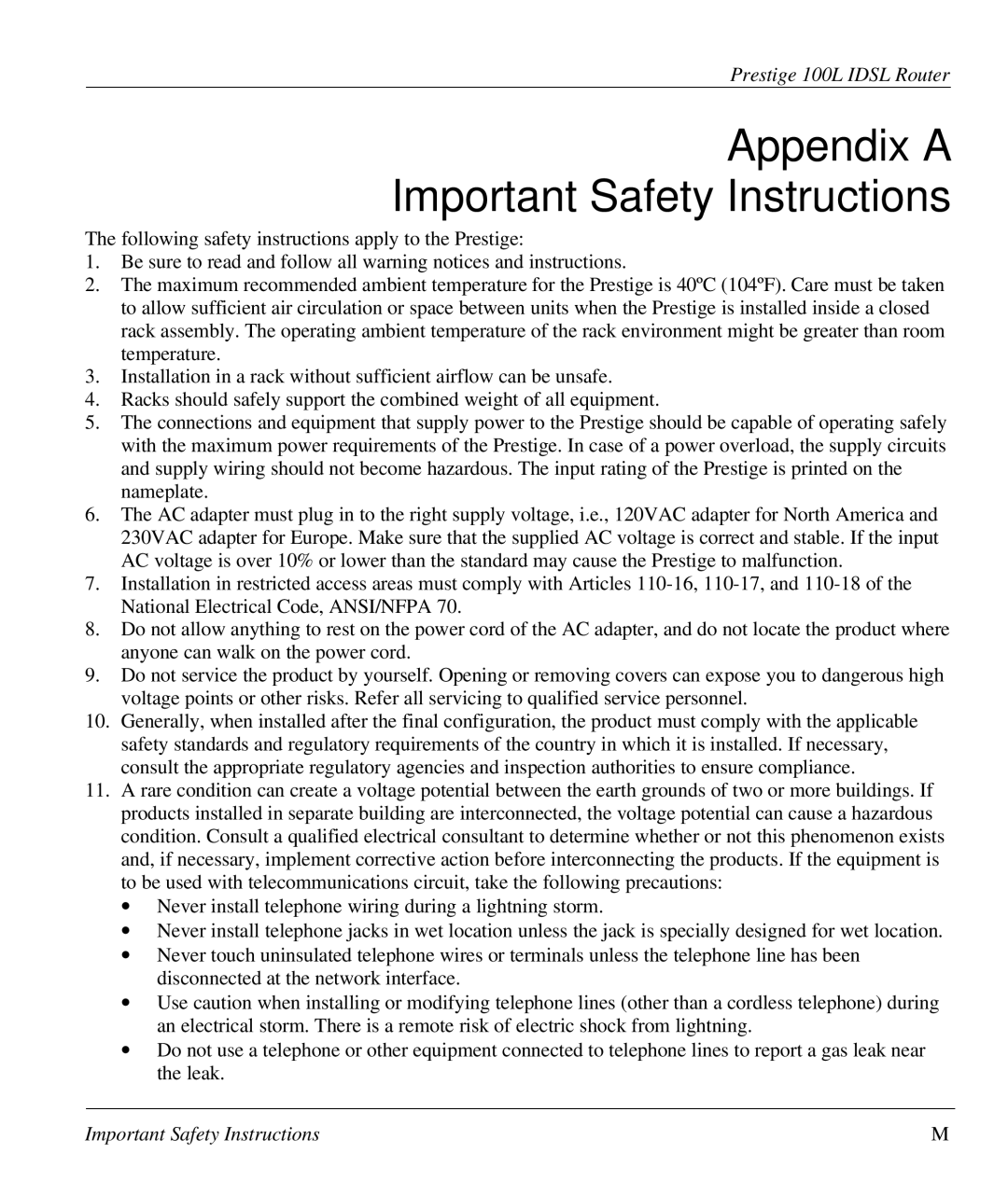 ZyXEL Communications Prestige 100L manual Appendix a Important Safety Instructions 