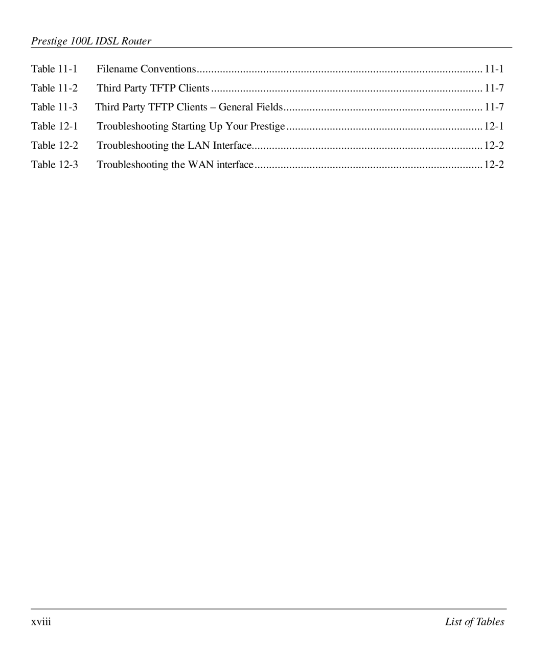 ZyXEL Communications Prestige 100L manual List of Tables 