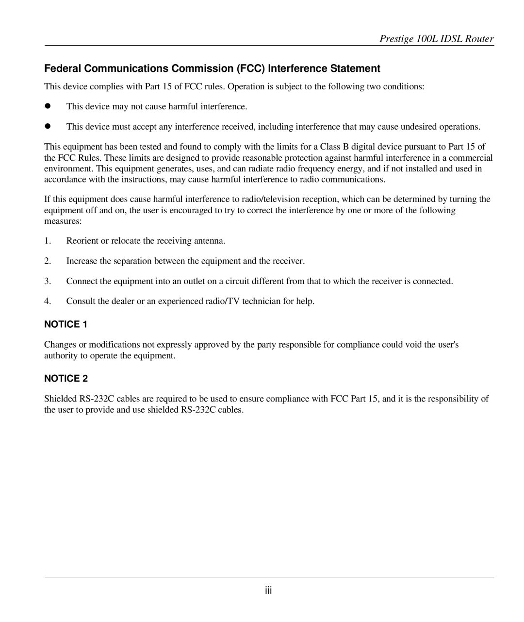 ZyXEL Communications Prestige 100L manual Federal Communications Commission FCC Interference Statement 