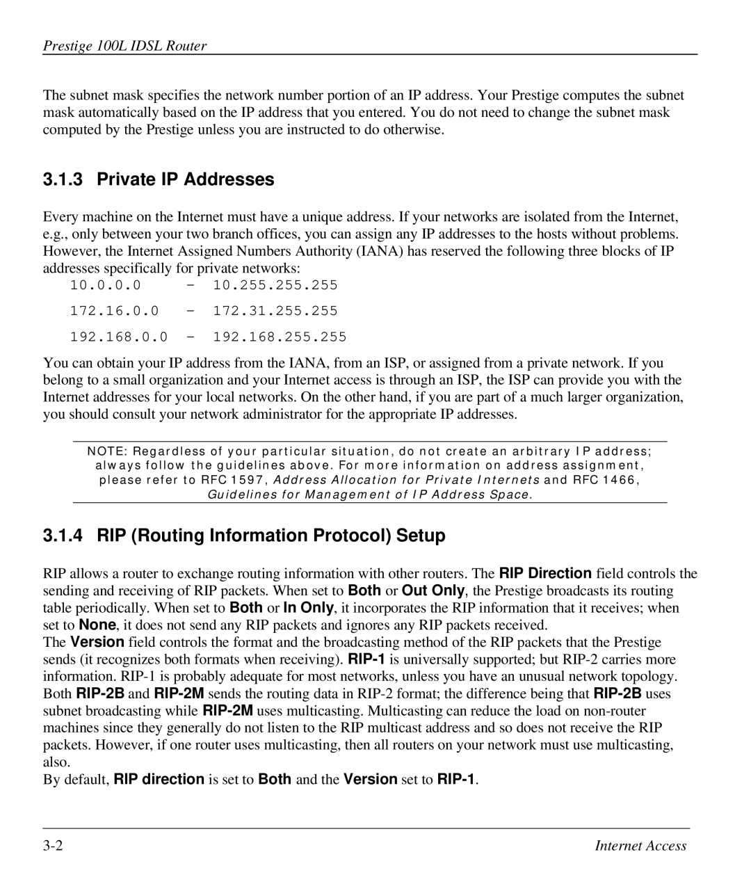 ZyXEL Communications Prestige 100L manual Private IP Addresses, RIP Routing Information Protocol Setup 