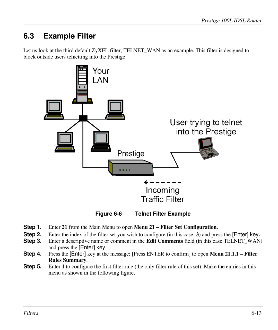 ZyXEL Communications Prestige 100L manual Example Filter, Telnet Filter Example 