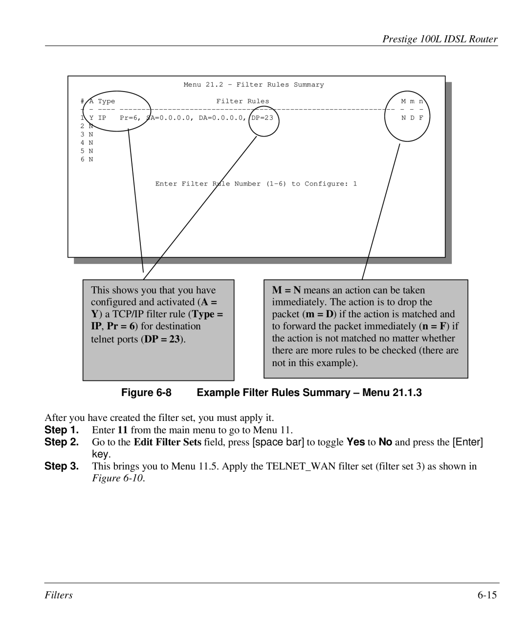 ZyXEL Communications Prestige 100L manual Example Filter Rules Summary Menu 