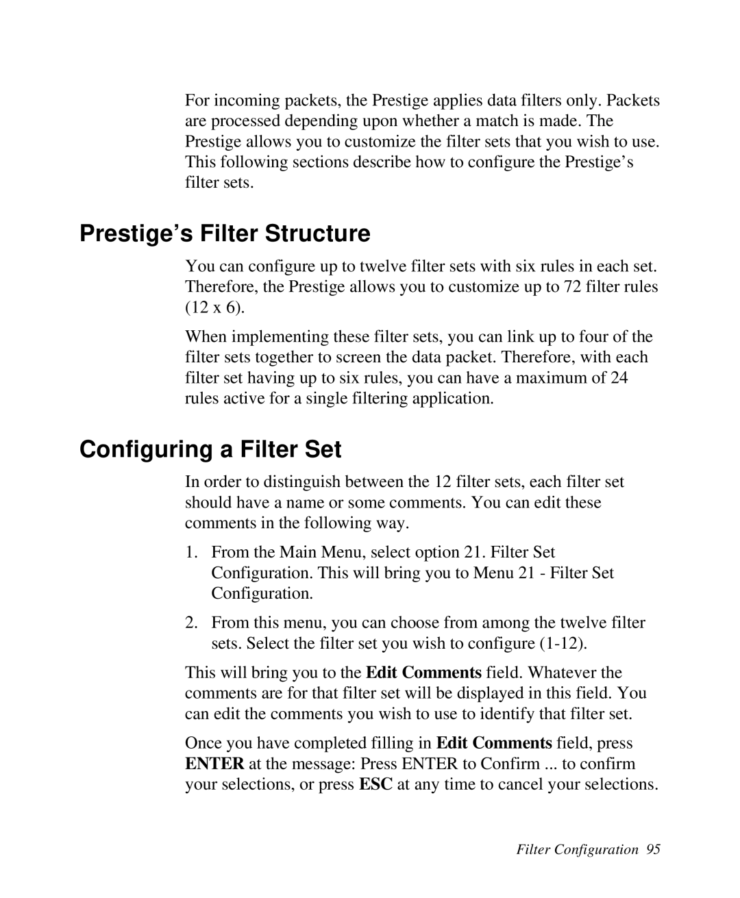 ZyXEL Communications Prestige 128 user manual Prestige’s Filter Structure, Configuring a Filter Set, Filter Configuration 