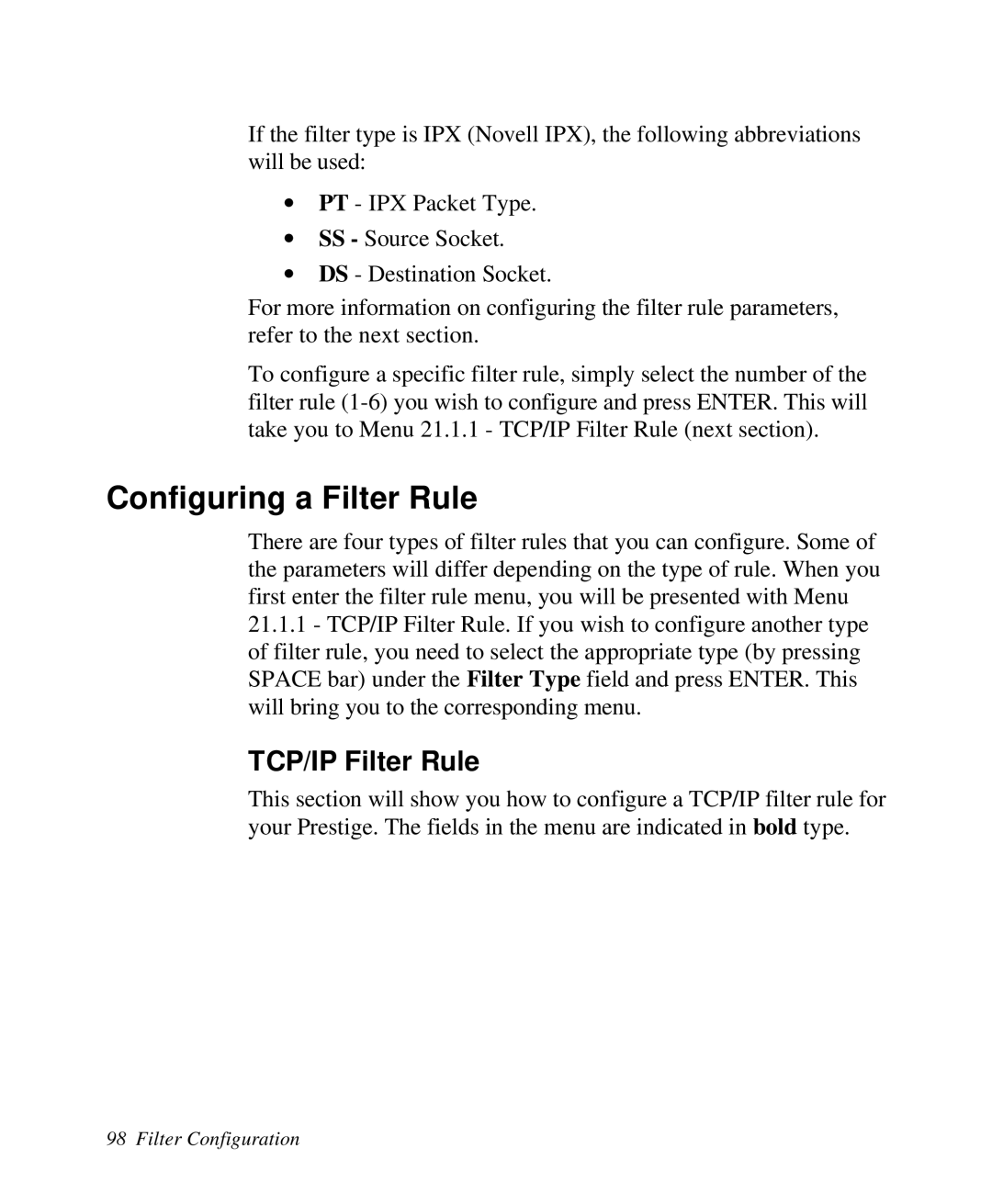 ZyXEL Communications Prestige 128 user manual Configuring a Filter Rule, TCP/IP Filter Rule 