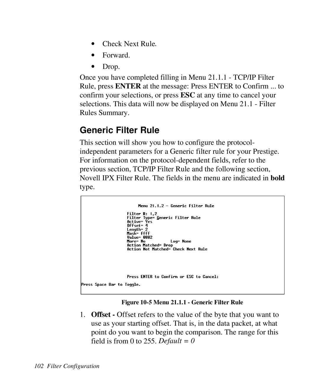 ZyXEL Communications Prestige 128 user manual 5 Menu 21.1.1 - Generic Filter Rule 