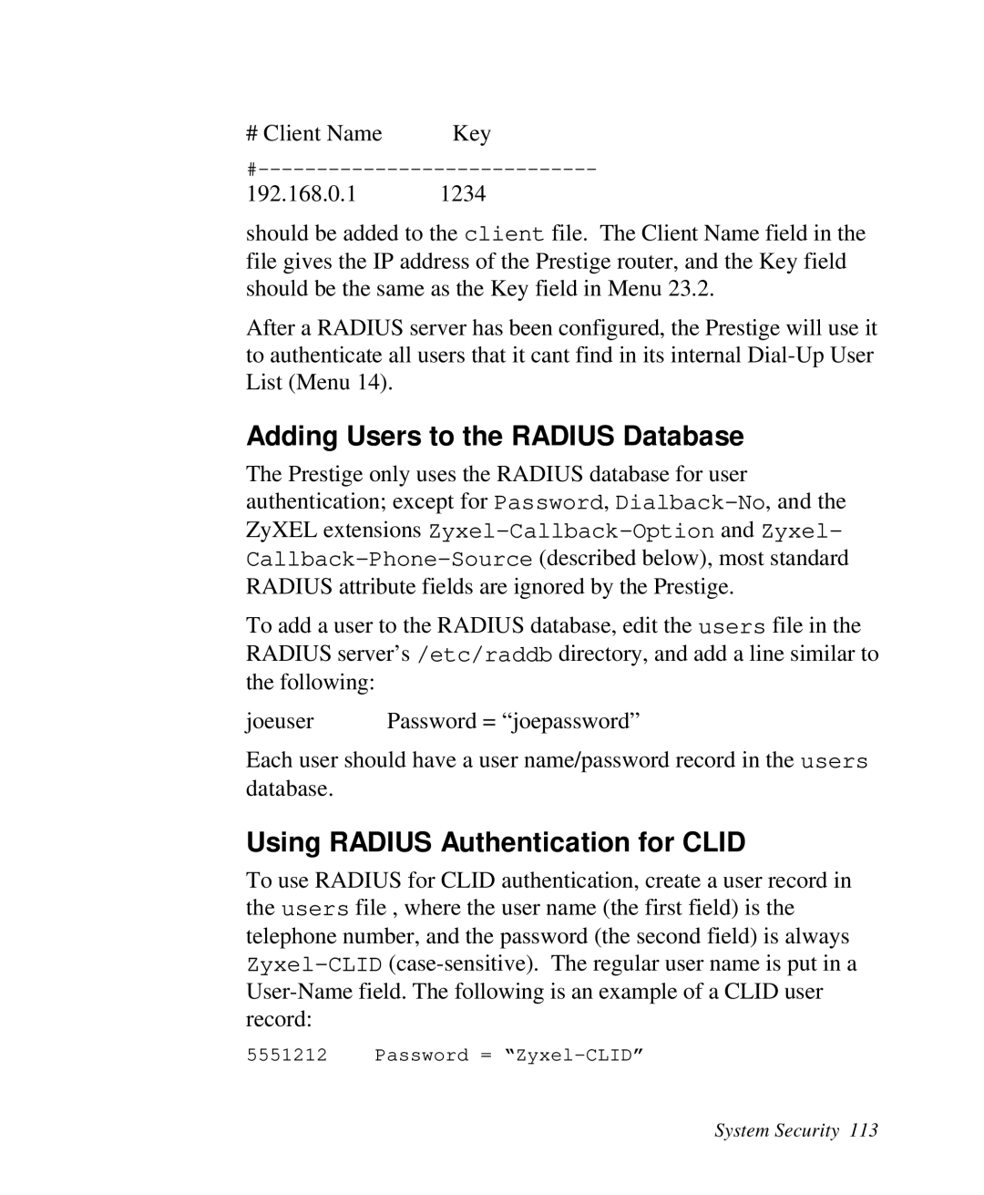 ZyXEL Communications Prestige 128 user manual Adding Users to the RADIUS Database, Using RADIUS Authentication for CLID 