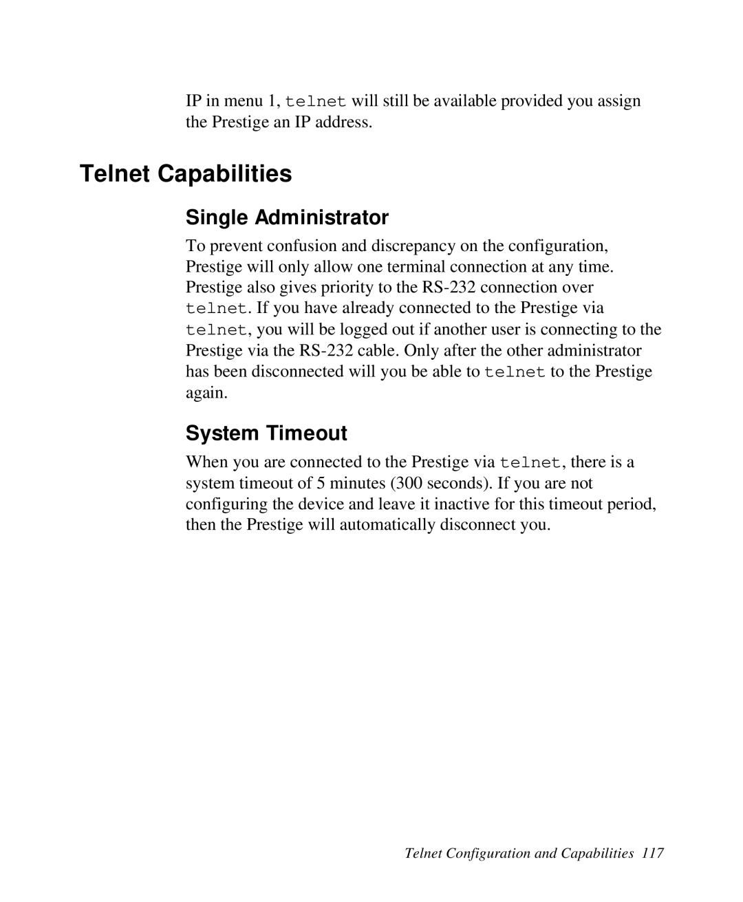 ZyXEL Communications Prestige 128 user manual Telnet Capabilities, Single Administrator, System Timeout 