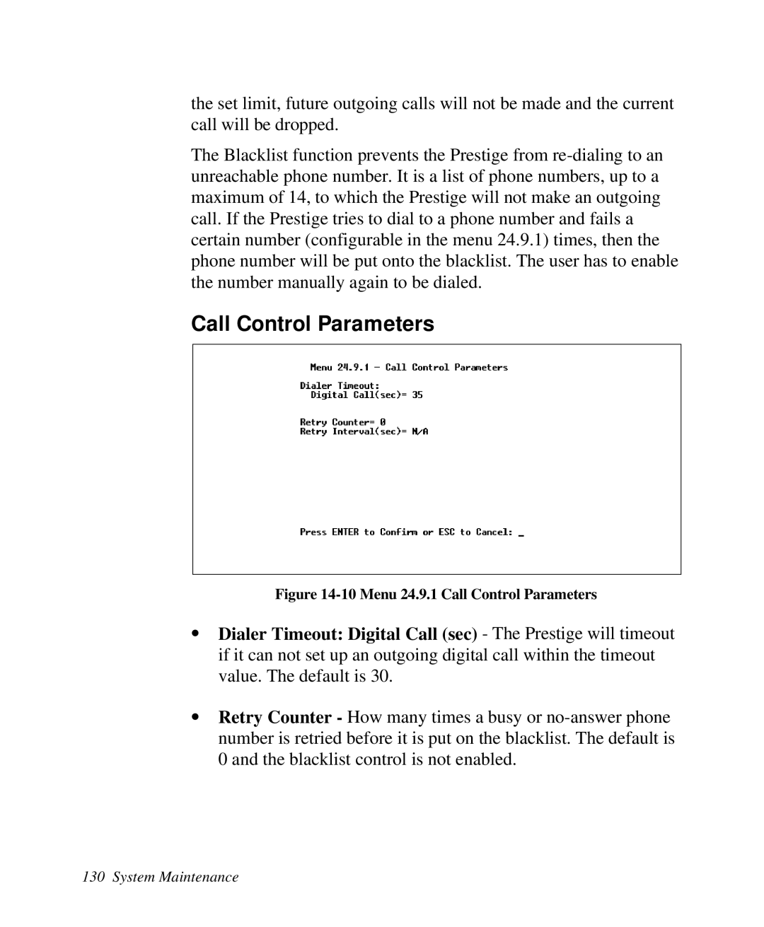 ZyXEL Communications Prestige 128 user manual 10 Menu 24.9.1 Call Control Parameters 