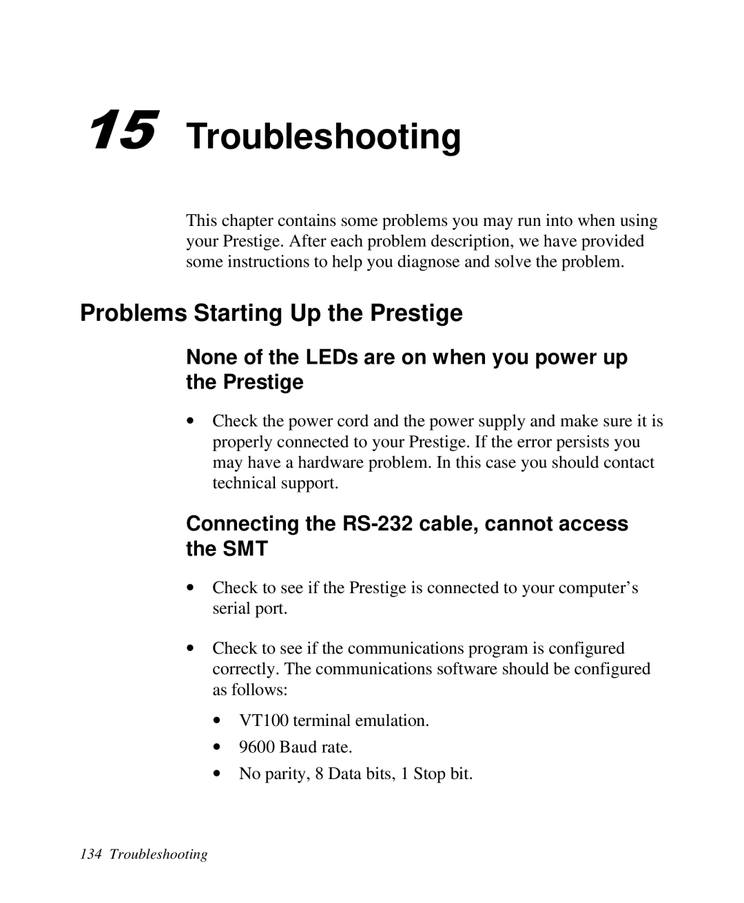 ZyXEL Communications Prestige 128 user manual Troubleshooting, Problems Starting Up the Prestige 