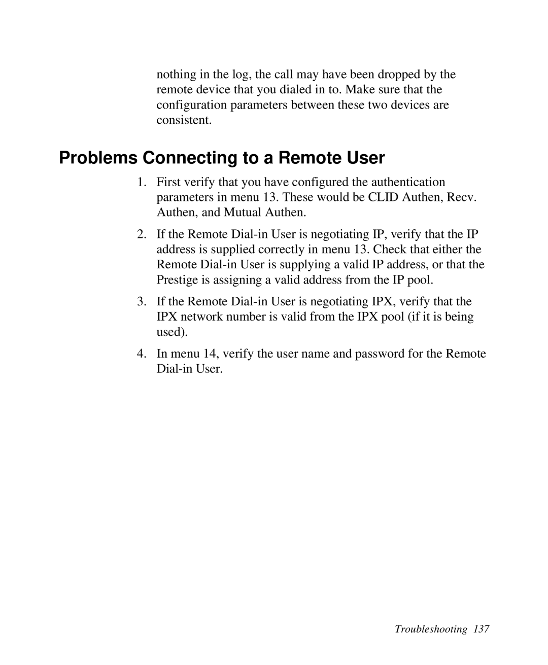 ZyXEL Communications Prestige 128 user manual Problems Connecting to a Remote User 
